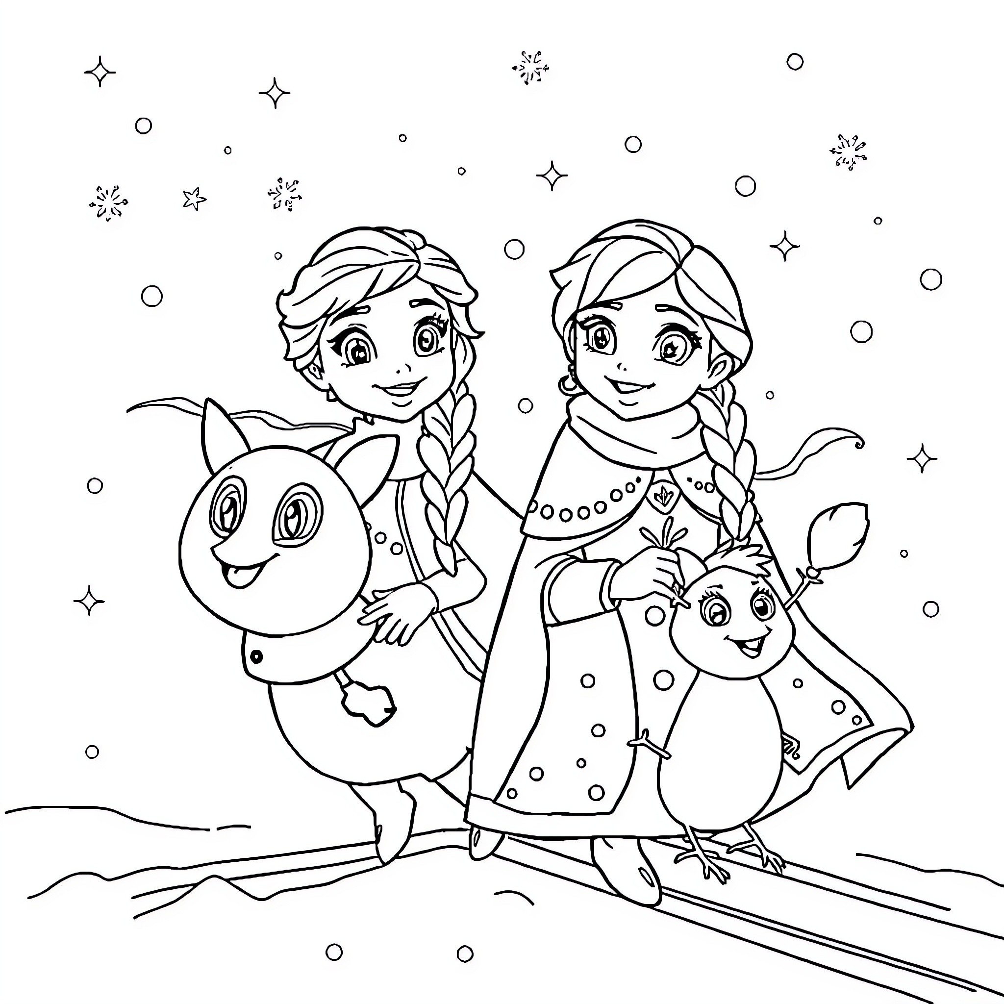 Anna and Her Magical Animal Companions Coloring Page (free black-and-white line drawing printable PDF for all, from beginners to advanced learners, including children, teens, adults, and seniors)