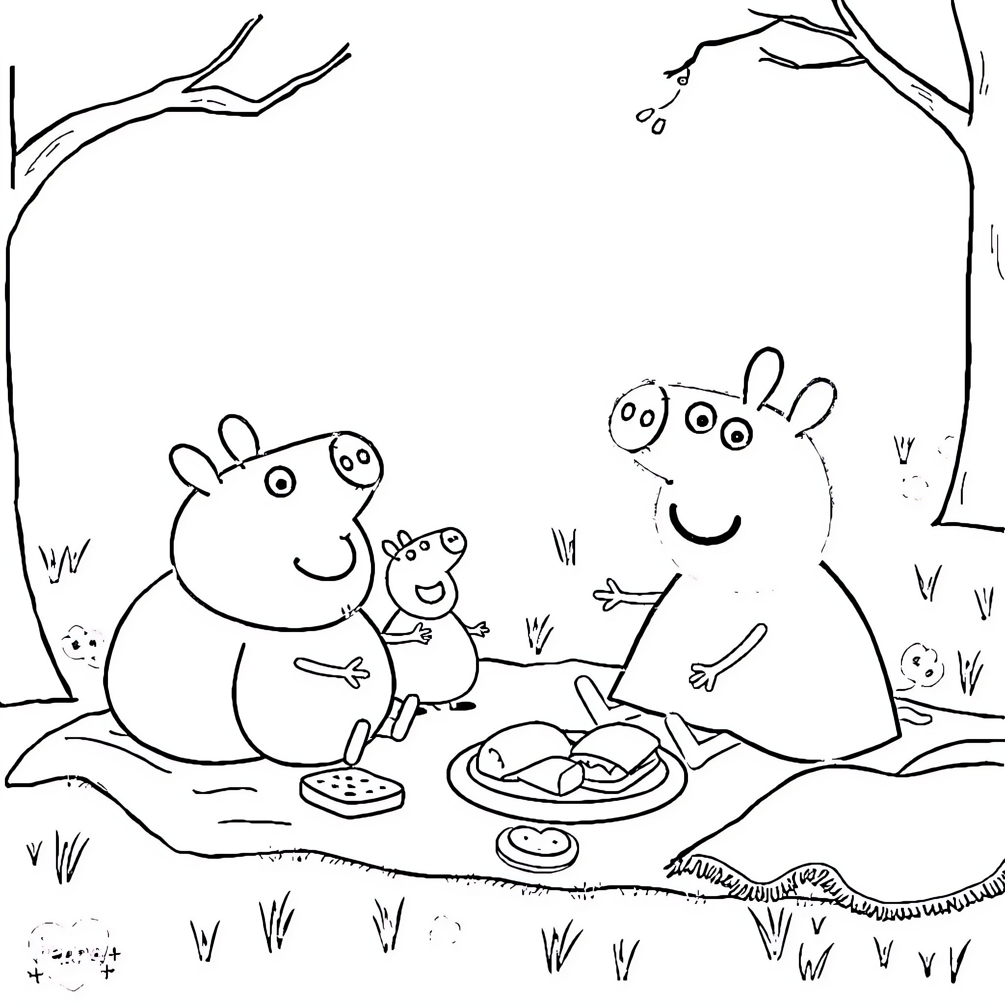 Peppa Pig's family having a picnic in the woods Coloring Page (free black-and-white line drawing printable PDF for all, from beginners to advanced learners, including children, teens, adults, and seniors)