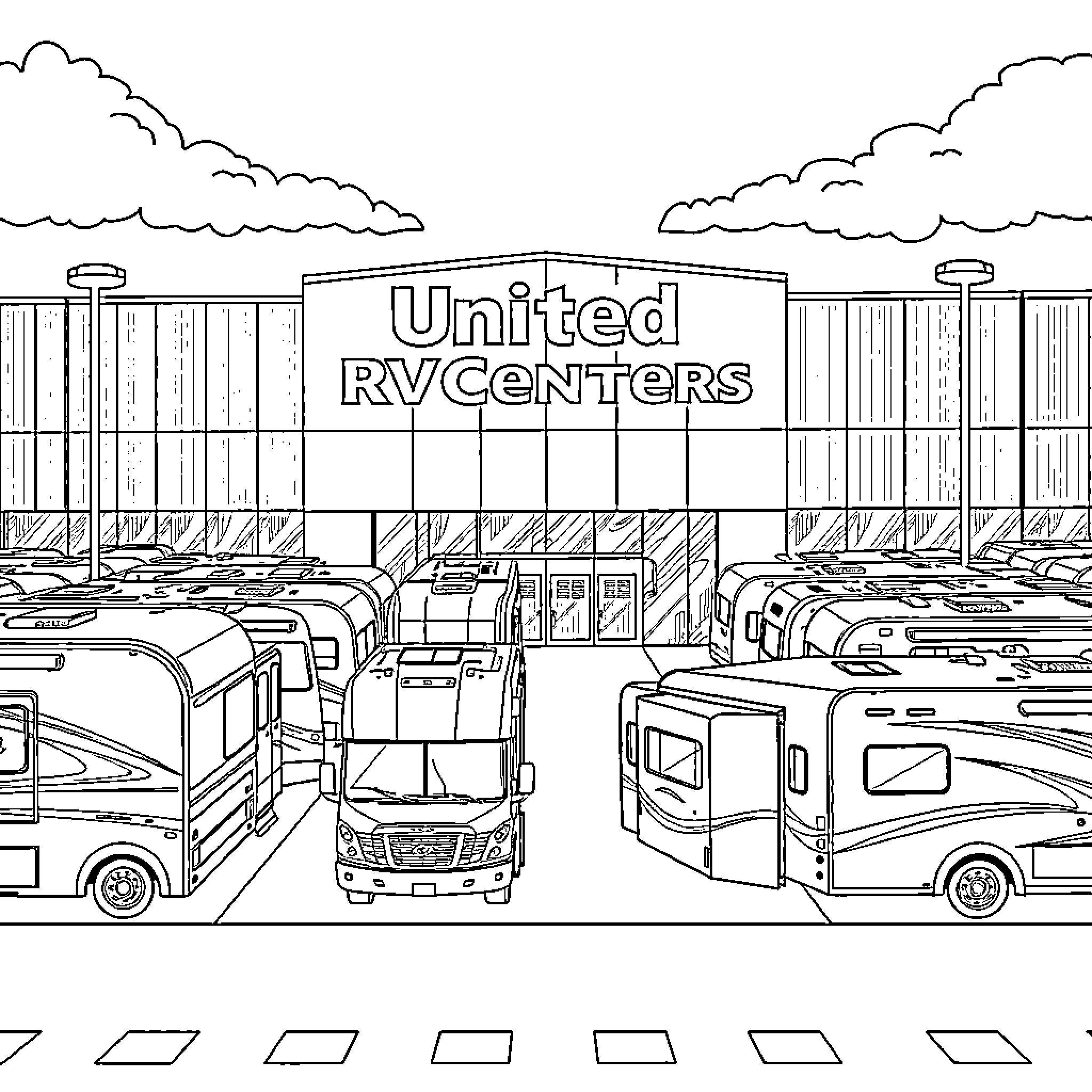 RV Center with Various Recreational Vehicles Coloring Page (free black-and-white line drawing printable PDF for all, from beginners to advanced learners, including children, teens, adults, and seniors)