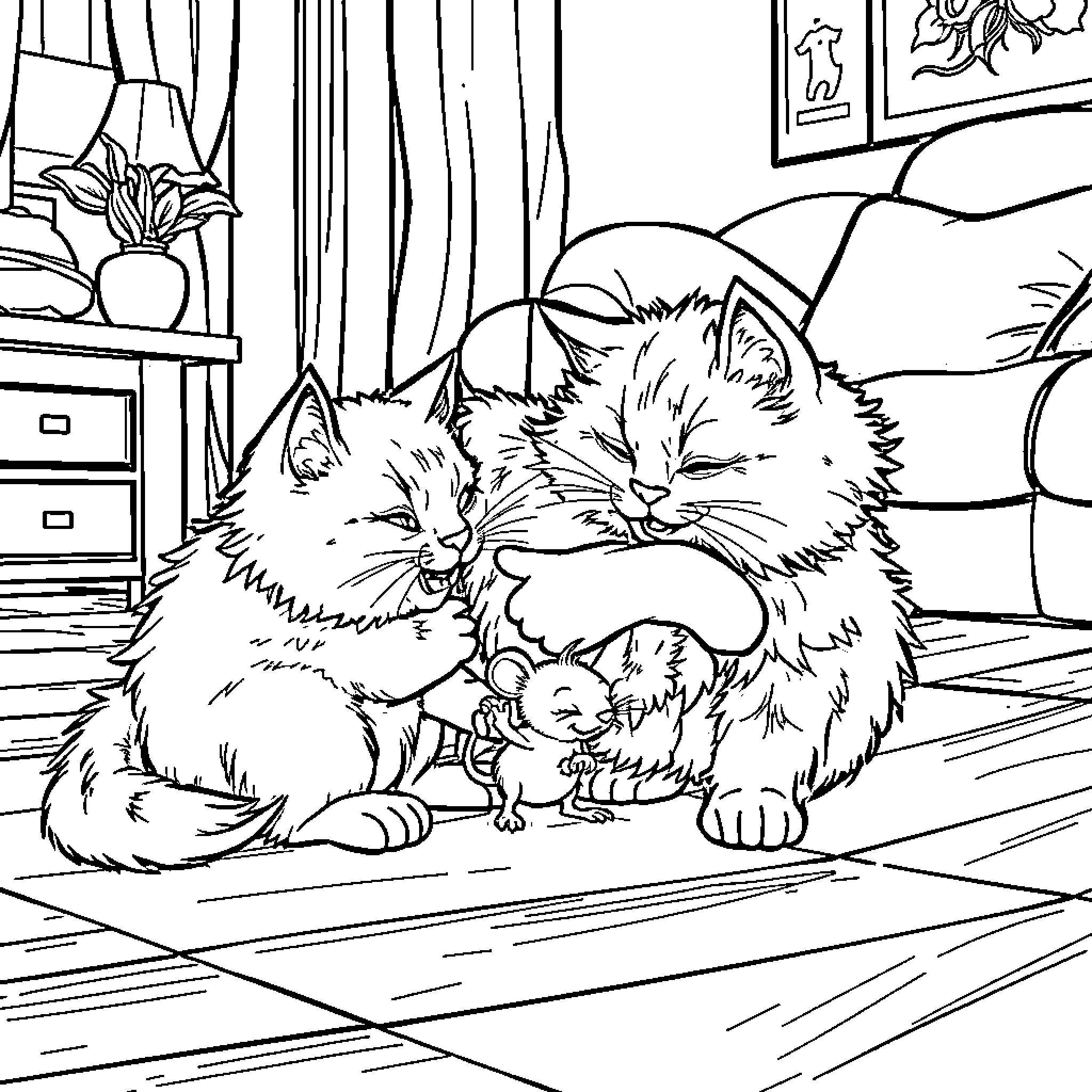 Cat family napping together on the floor Coloring Page (free black-and-white line drawing printable PDF for all, from beginners to advanced learners, including children, teens, adults, and seniors)
