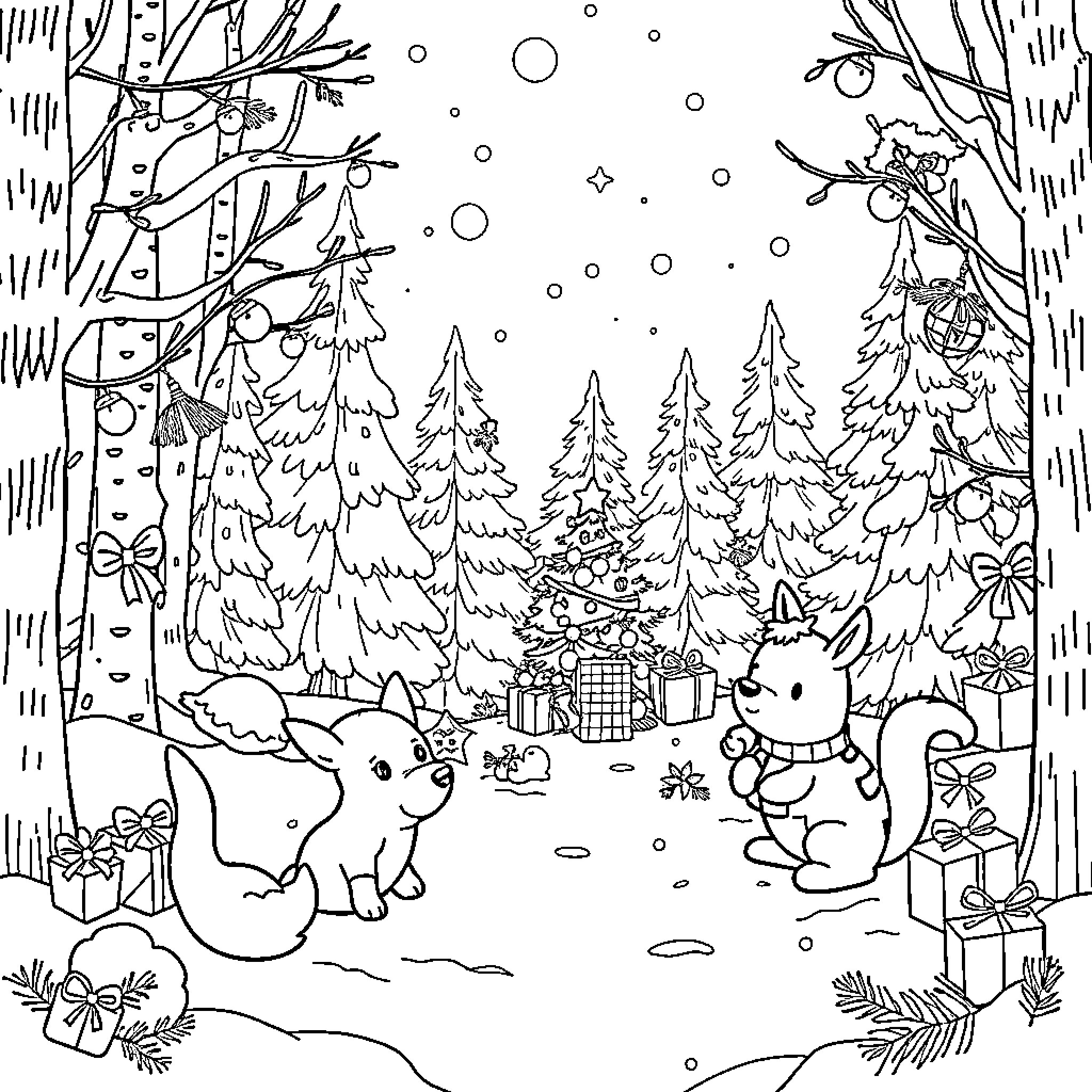 Animal Gathering in Winter Wonderland Coloring Page (free black-and-white line drawing printable PDF for all, from beginners to advanced learners, including children, teens, adults, and seniors)