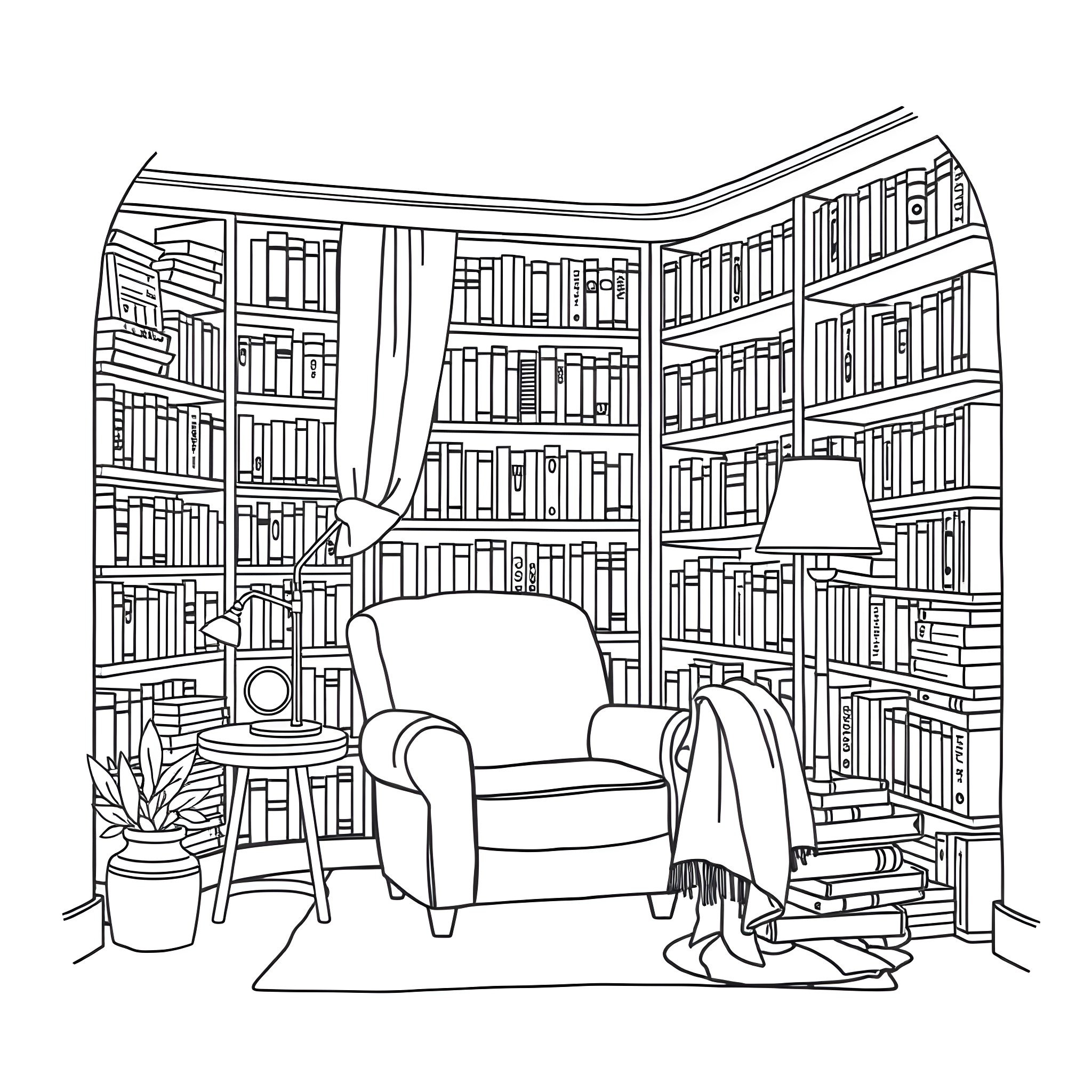 Corner of a Cozy Home Library Coloring Page (free black-and-white line drawing printable PDF for all, from beginners to advanced learners, including children, teens, adults, and seniors)