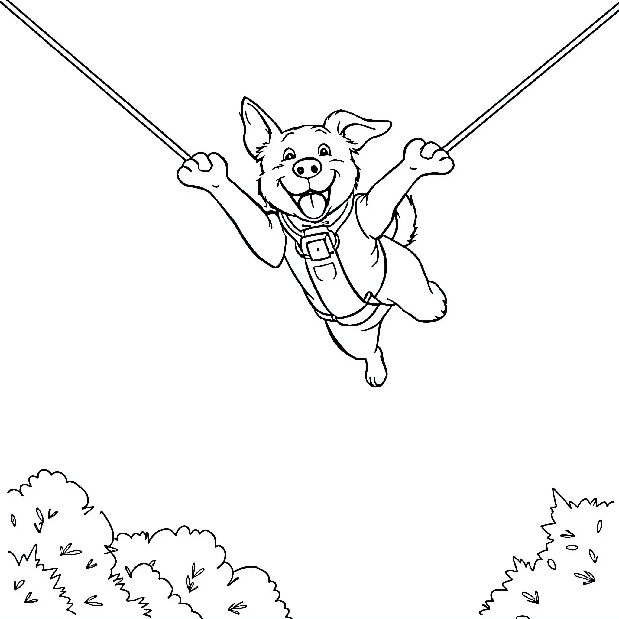 Dog swinging happily on a zipline Coloring Page (free black-and-white line drawing printable PDF for all, from beginners to advanced learners, including children, teens, adults, and seniors)