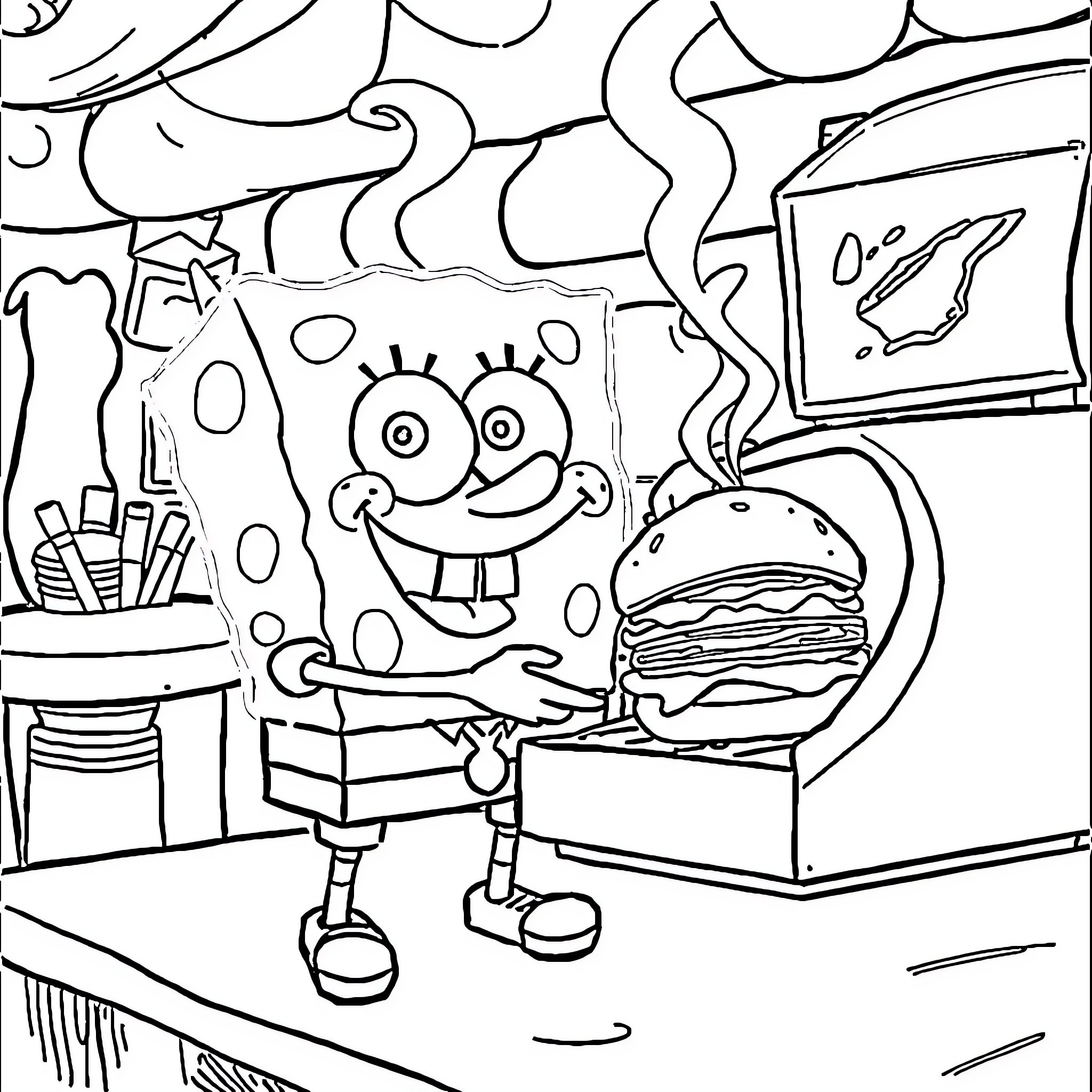 Spongebob's Amusing Underwater Adventures Coloring Page (free black-and-white line drawing printable PDF for all, from beginners to advanced learners, including children, teens, adults, and seniors)