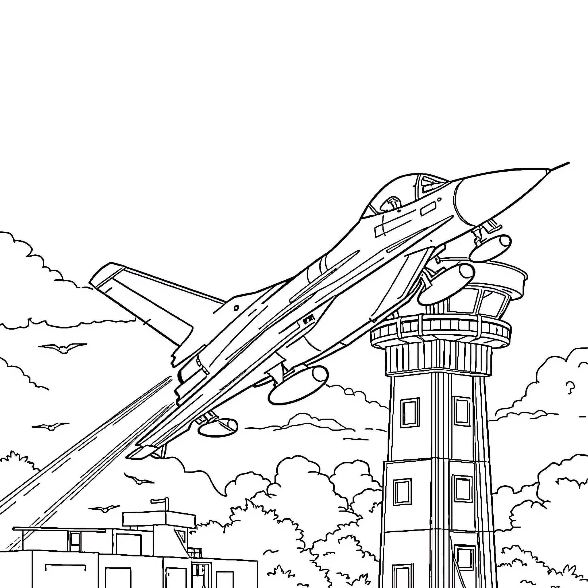 F-16 fighter jet taking off from military airbase Coloring Page (free black-and-white line drawing printable PDF for all, from beginners to advanced learners, including children, teens, adults, and seniors)