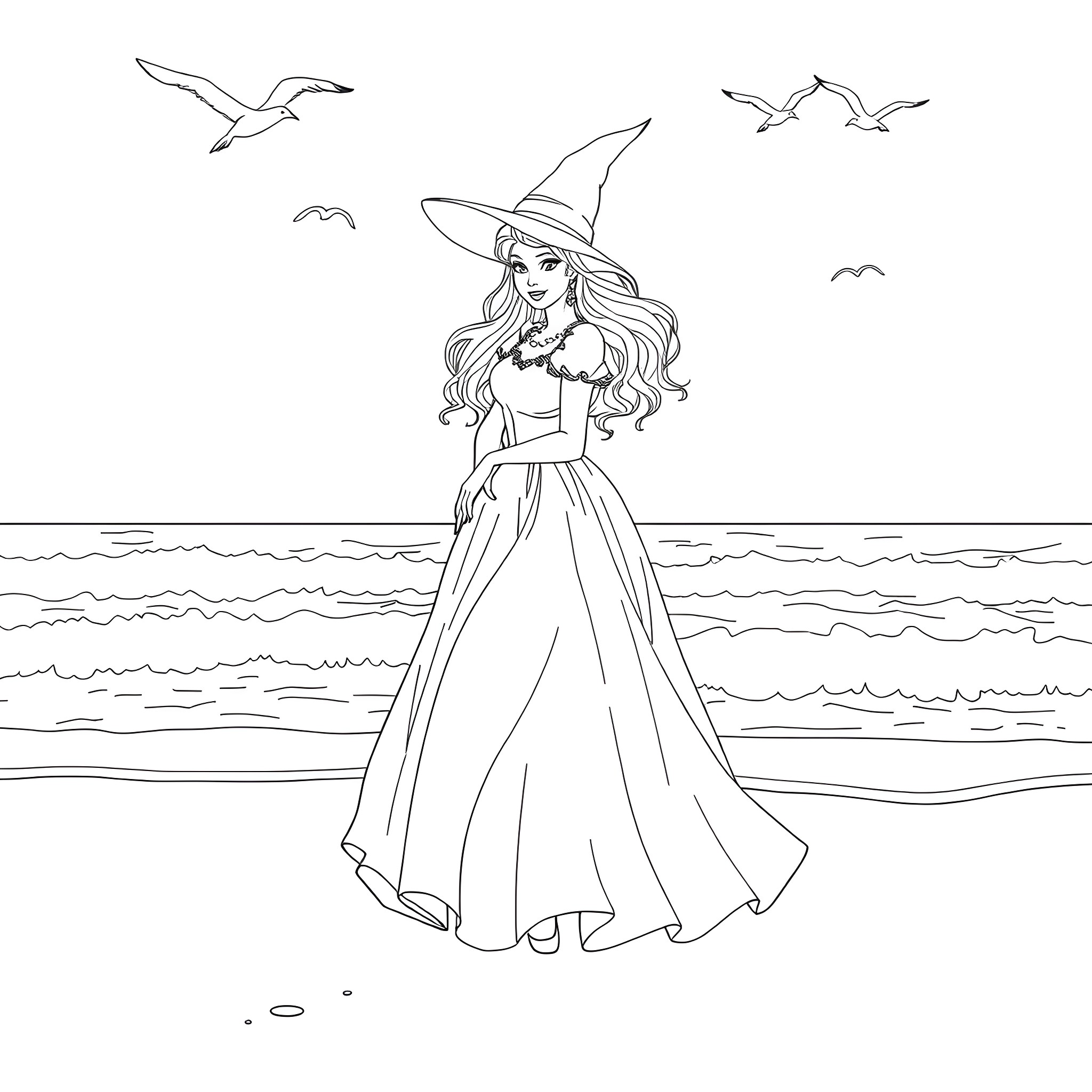 Glinda's Seaside Stroll with Seagulls Coloring Page (free black-and-white line drawing printable PDF for all, from beginners to advanced learners, including children, teens, adults, and seniors)