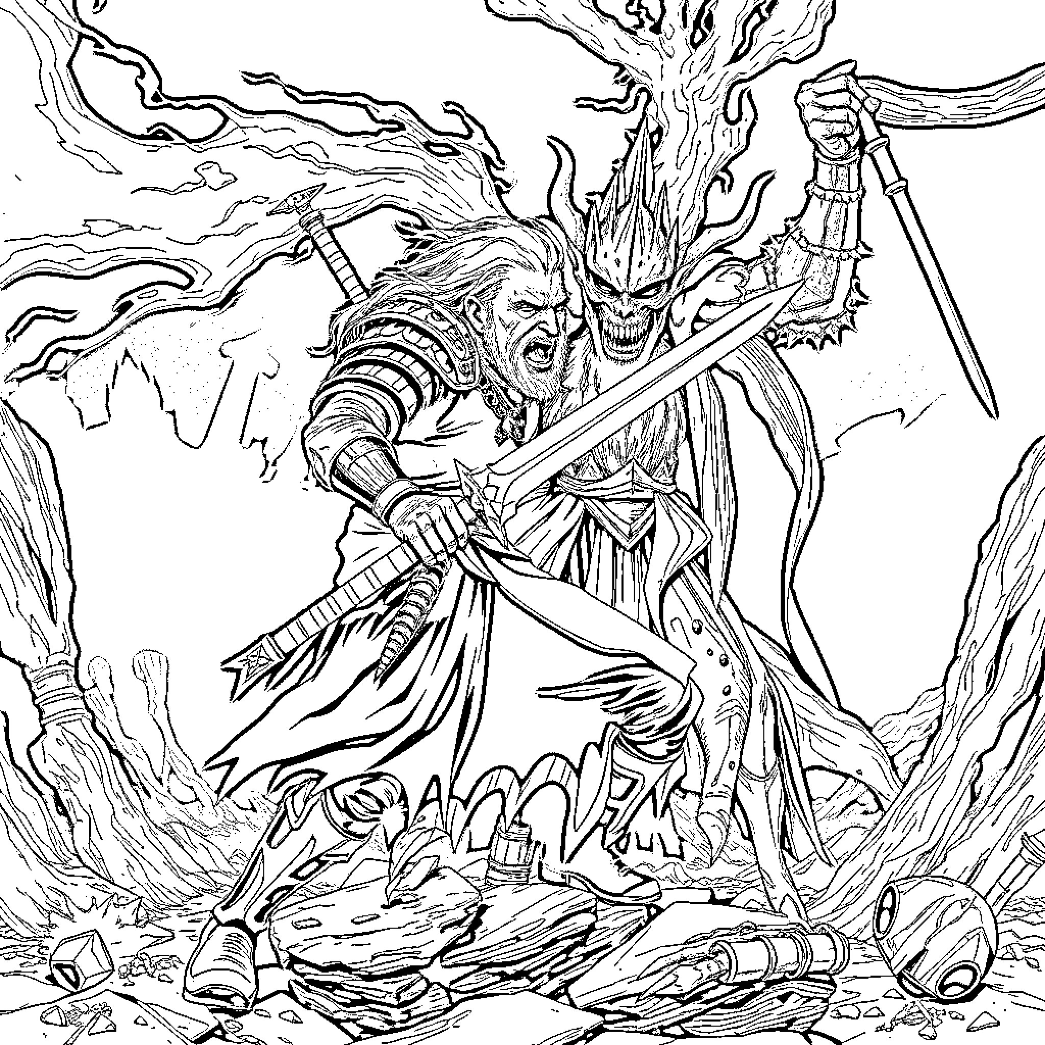 Geralt fighting fierce monsters in a dark, mysterious forest Coloring Page (free black-and-white line drawing printable PDF for all, from beginners to advanced learners, including children, teens, adults, and seniors)