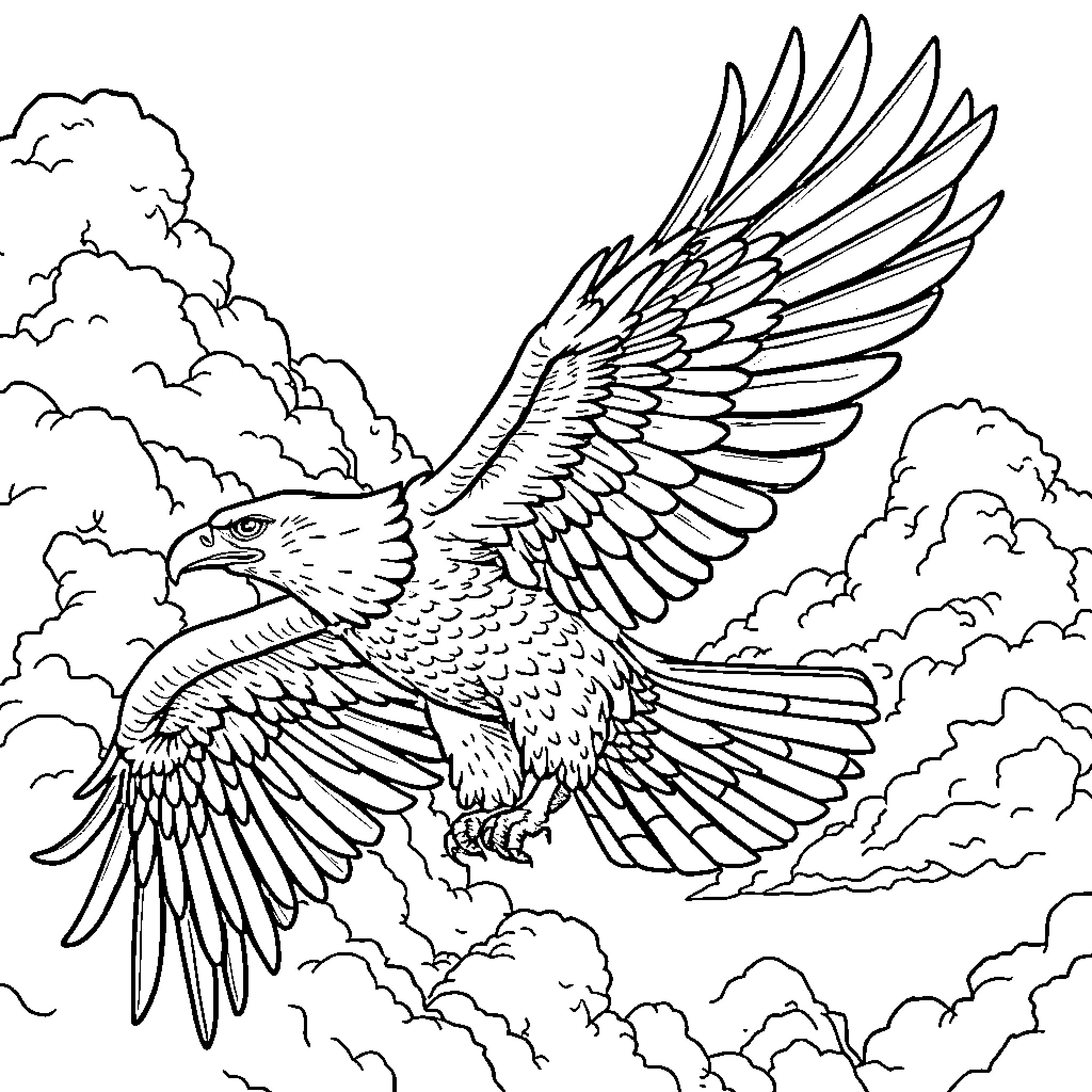 Eagle Soaring Majestically Through Cloudy Skies Coloring Page (free black-and-white line drawing printable PDF for all, from beginners to advanced learners, including children, teens, adults, and seniors)