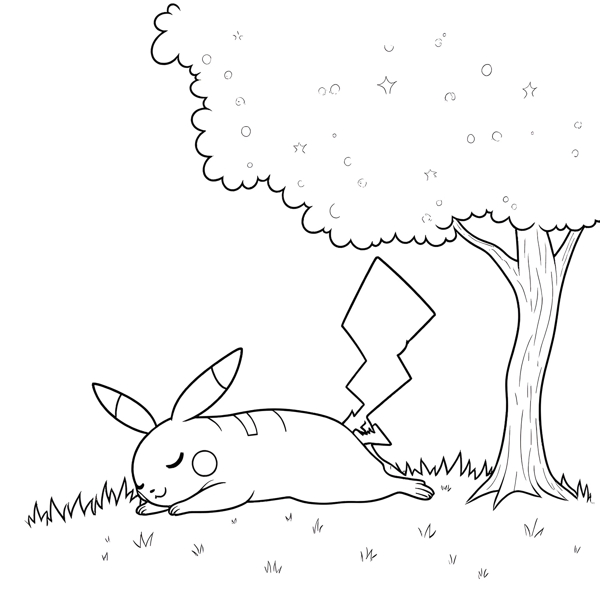 Pikachu resting peacefully under the starry night sky Coloring Page (free black-and-white line drawing printable PDF for all, from beginners to advanced learners, including children, teens, adults, and seniors)