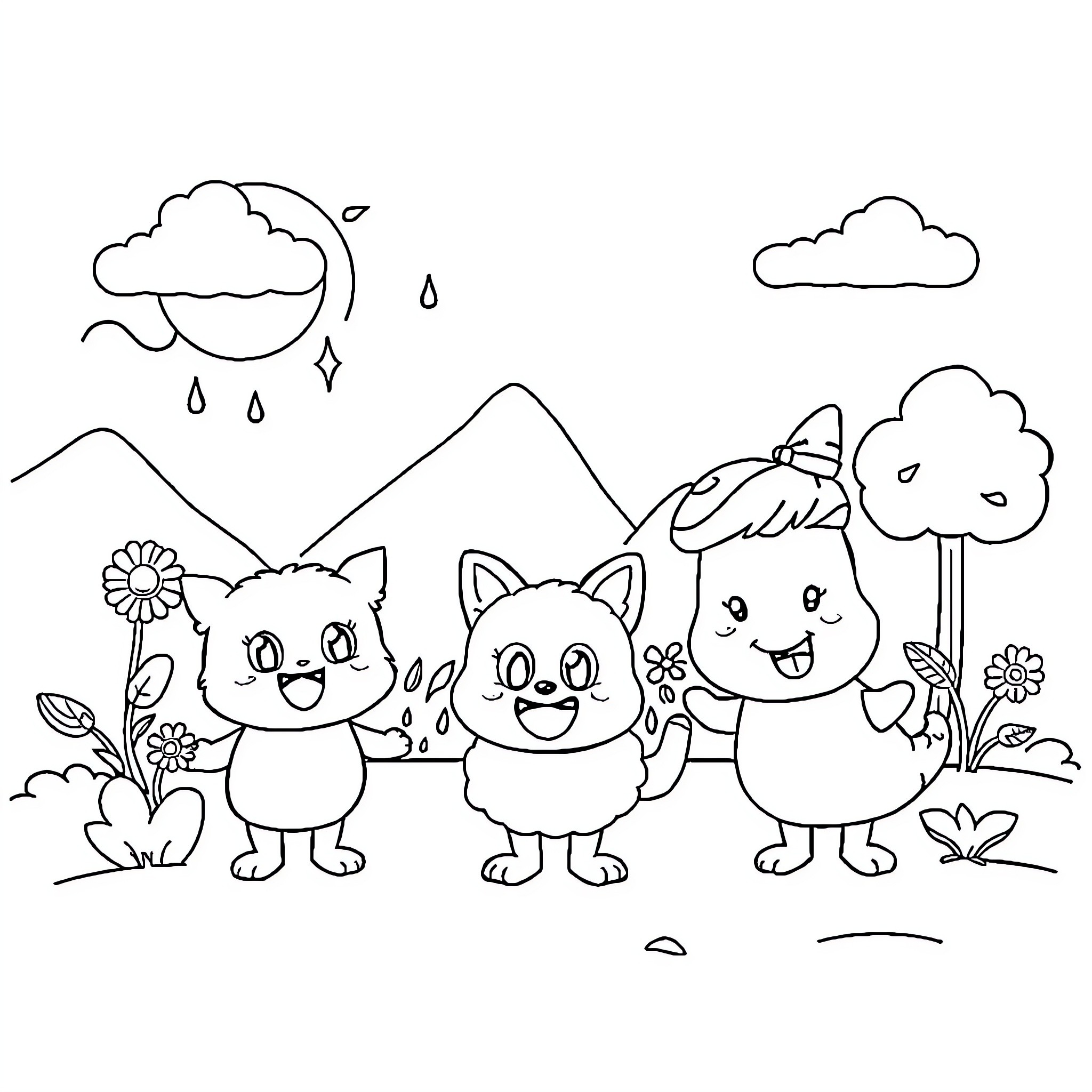 Cartoon animals frolicking in nature Coloring Page (free black-and-white line drawing printable PDF for all, from beginners to advanced learners, including children, teens, adults, and seniors)