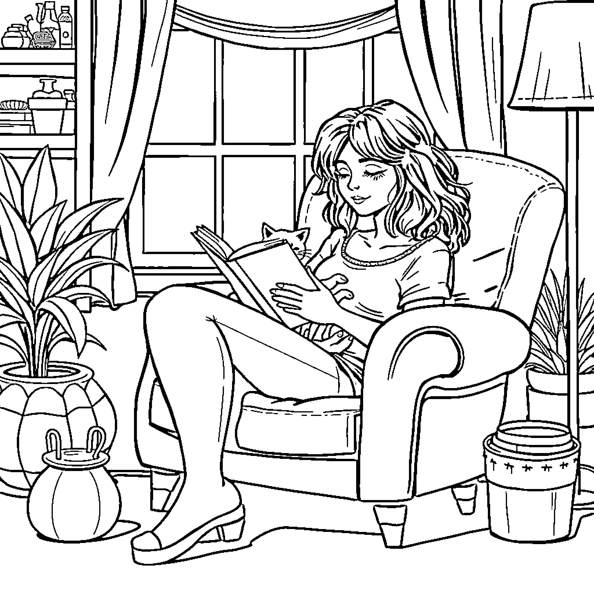 Girl reading book comfortably in armchair Coloring Page (free black-and-white line drawing printable PDF for all, from beginners to advanced learners, including children, teens, adults, and seniors)