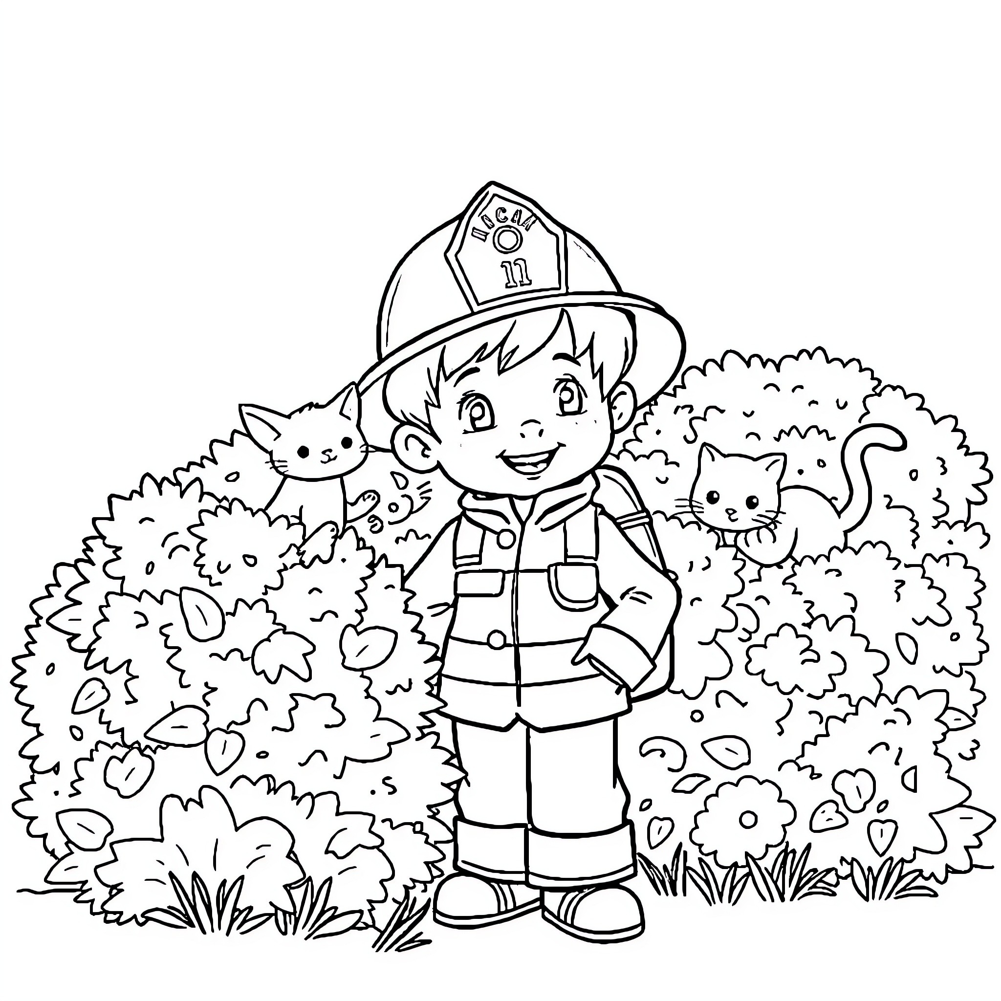 Boy Firefighter Exploring the Nature with Kittens Coloring Page (free black-and-white line drawing printable PDF for all, from beginners to advanced learners, including children, teens, adults, and seniors)