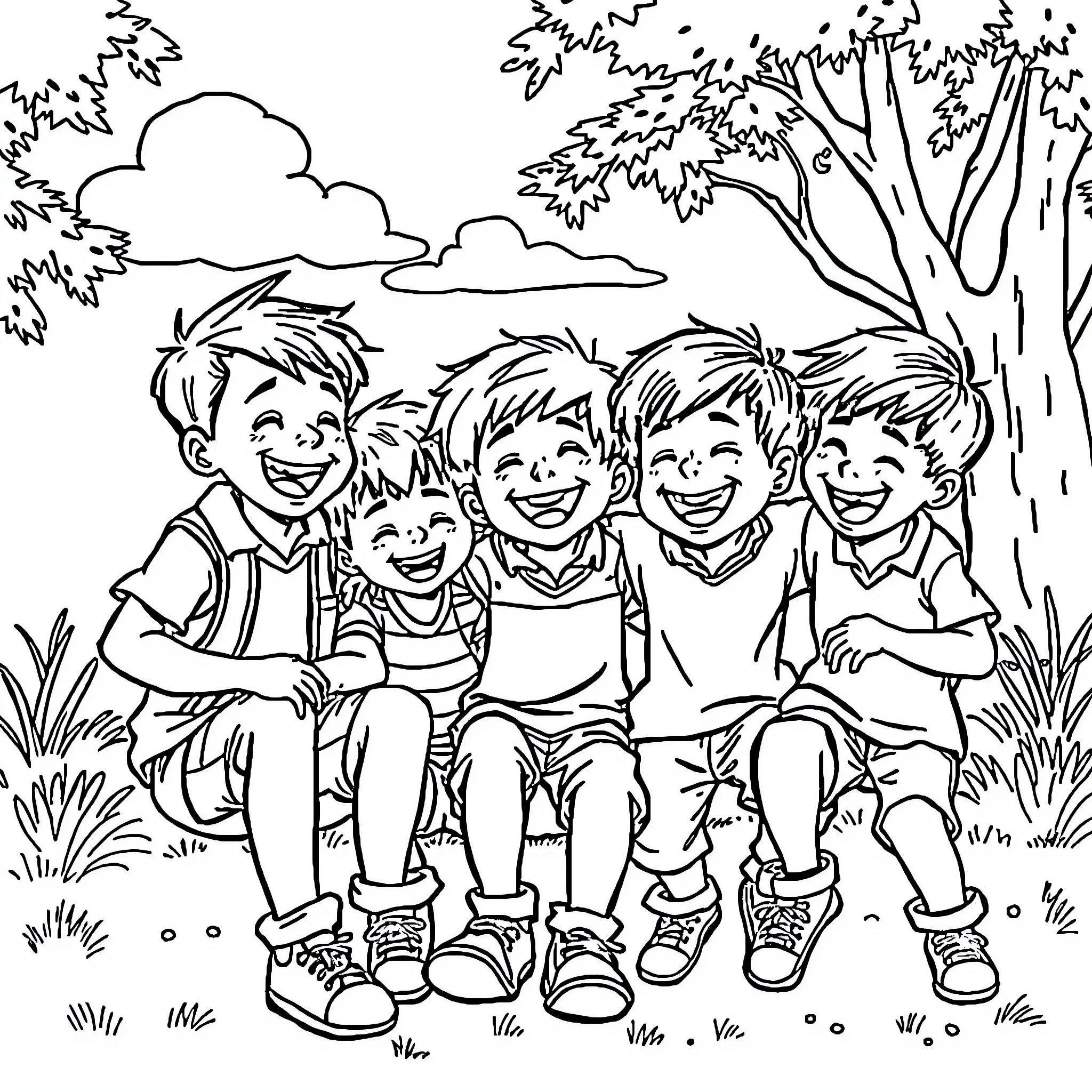 Saya's Happy Friends in the Outdoor Garden Coloring Page (free black-and-white line drawing printable PDF for all, from beginners to advanced learners, including children, teens, adults, and seniors)