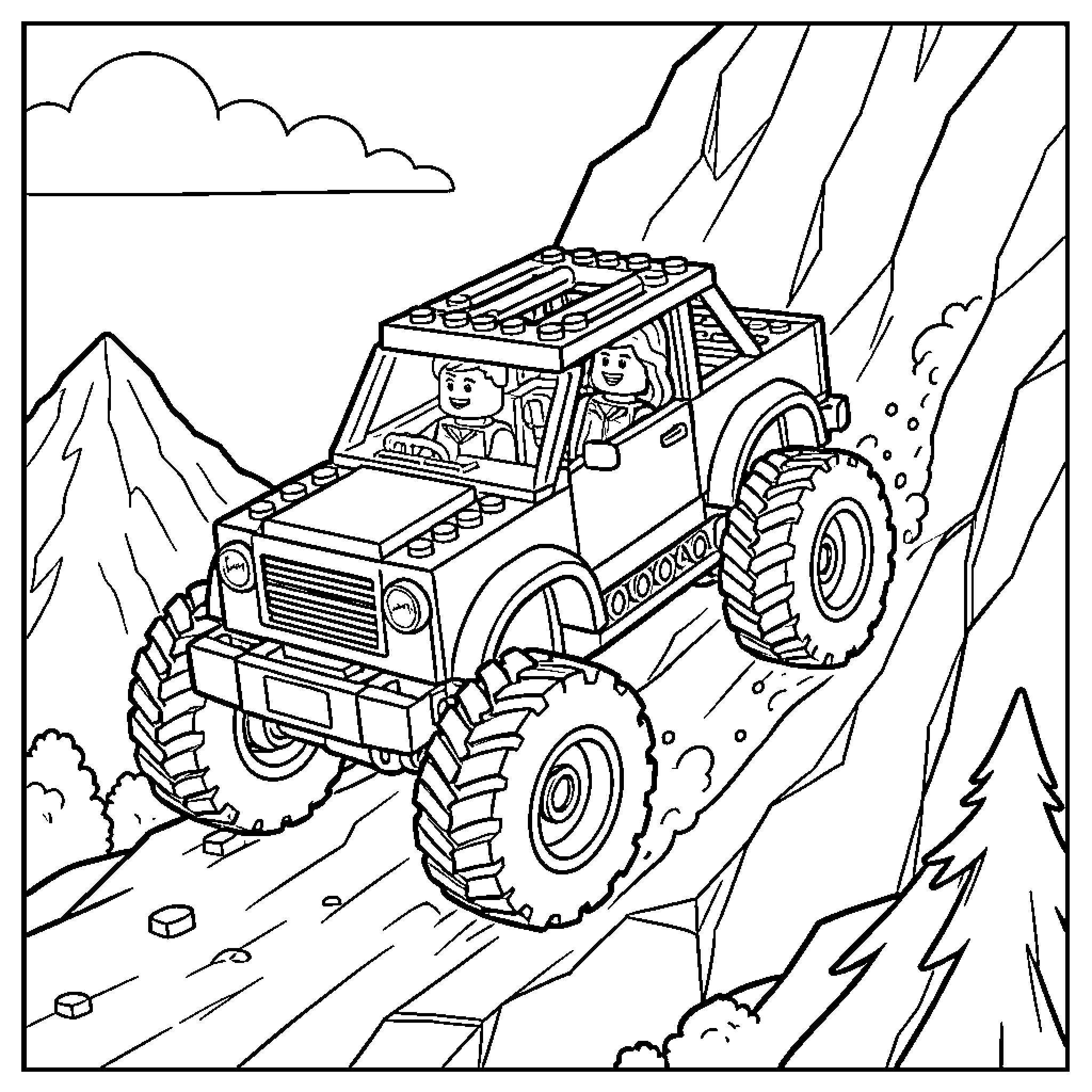 Monster Truck climbing rugged mountain terrain Coloring Page (free black-and-white line drawing printable PDF for all, from beginners to advanced learners, including children, teens, adults, and seniors)