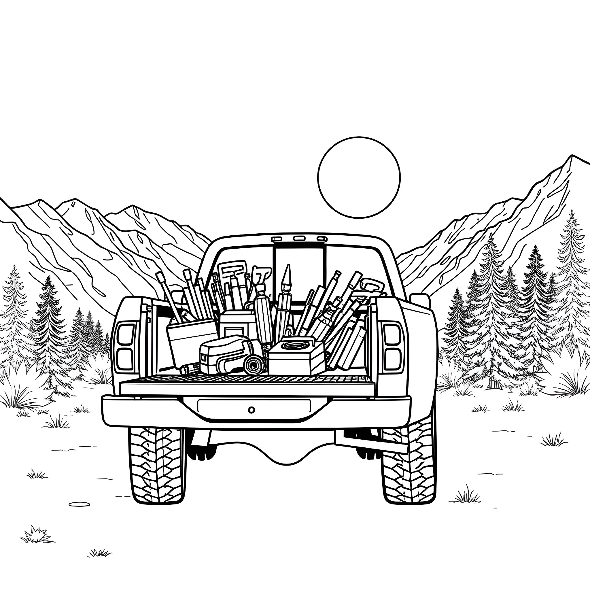 Pickup Truck Loaded with Art Supplies in Scenic Mountains Coloring Page (free black-and-white line drawing printable PDF for all, from beginners to advanced learners, including children, teens, adults, and seniors)