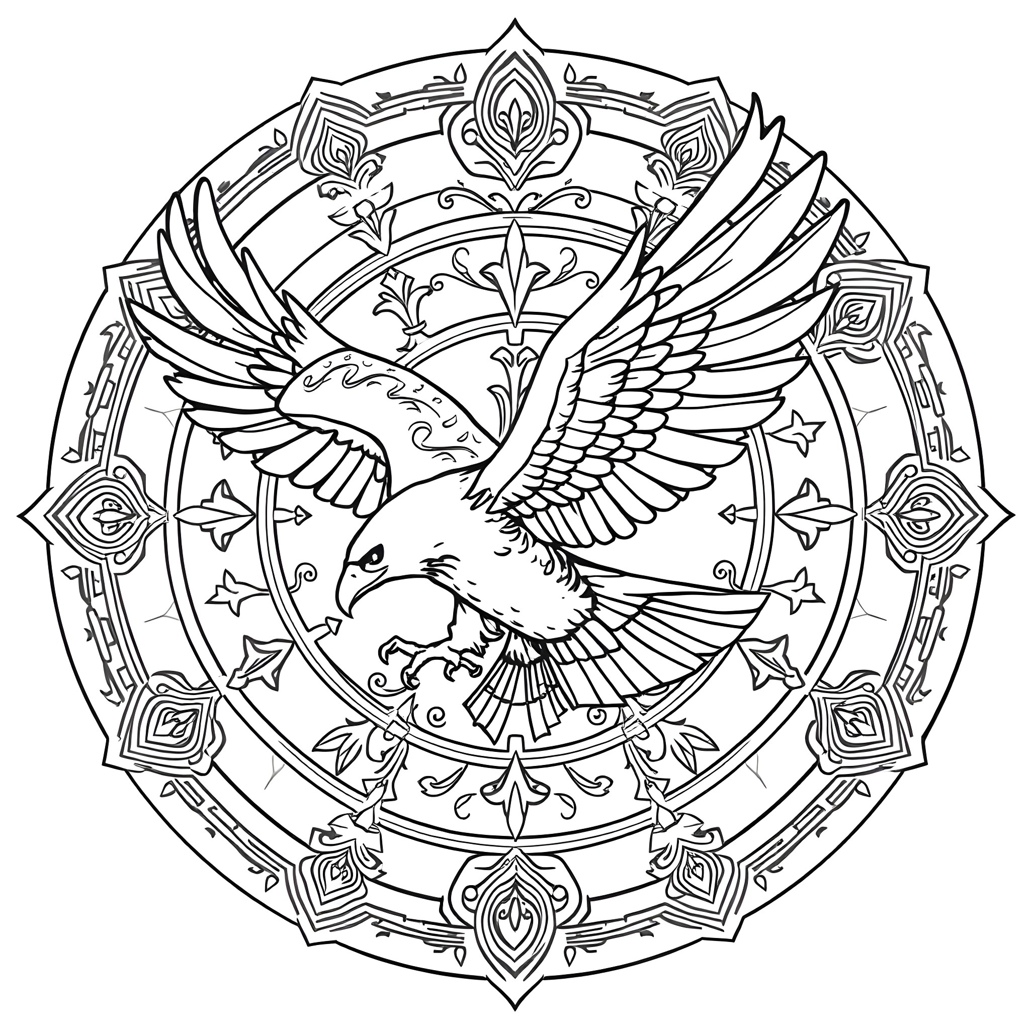 Eagle rising majestically in ornate mandala Coloring Page (free black-and-white line drawing printable PDF for all, from beginners to advanced learners, including children, teens, adults, and seniors)