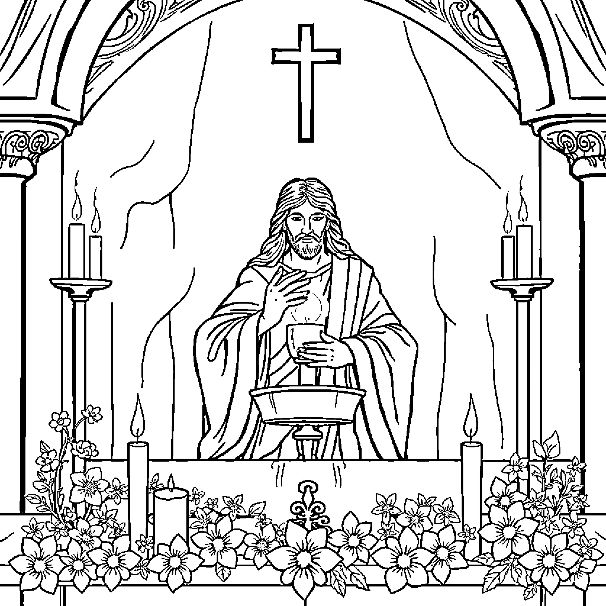 Jesus presiding over a religious ceremony in a church setting Coloring Page (free black-and-white line drawing printable PDF for all, from beginners to advanced learners, including children, teens, adults, and seniors)
