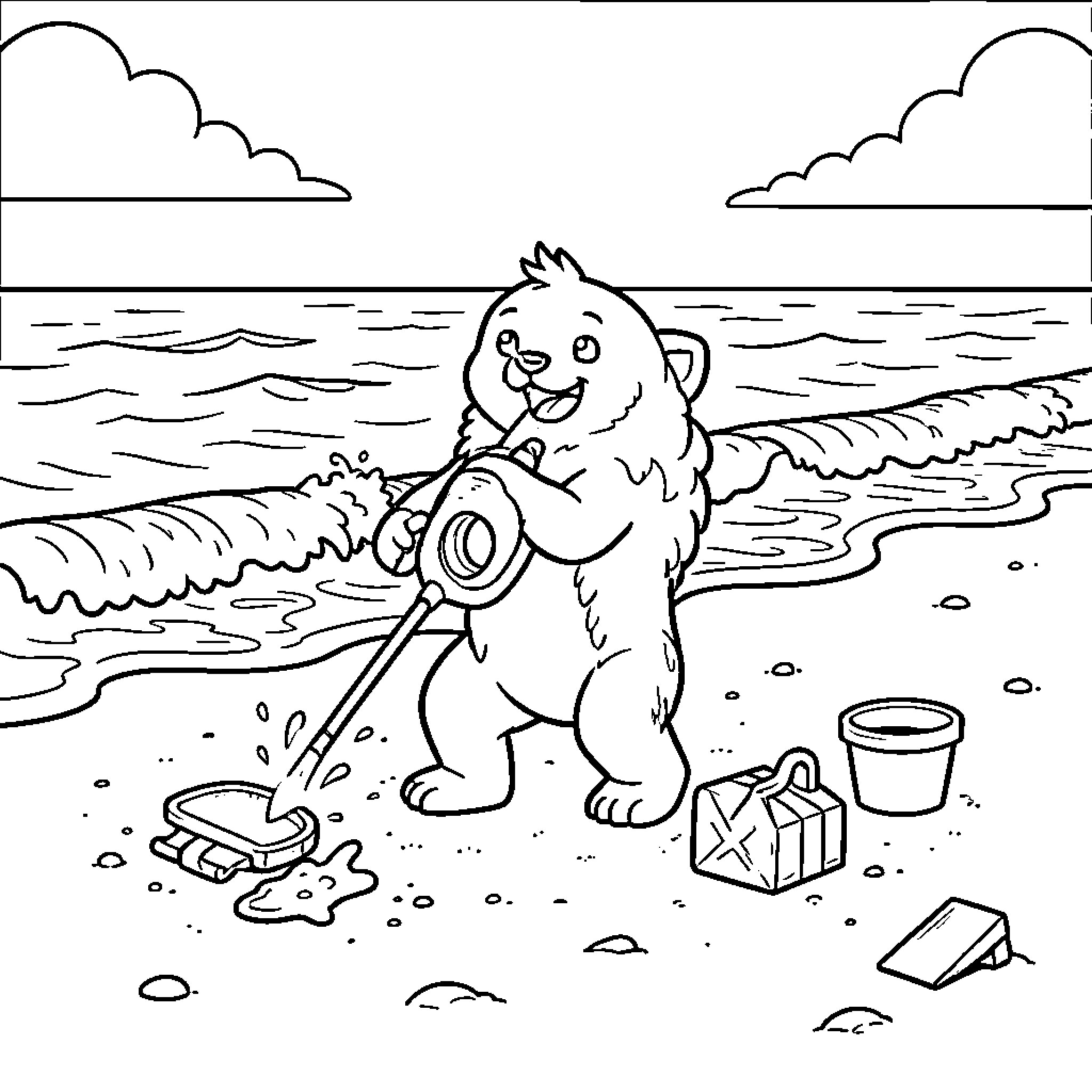 Huntrix beachcombing with toys and treasures Coloring Page (free black-and-white line drawing printable PDF for all, from beginners to advanced learners, including children, teens, adults, and seniors)