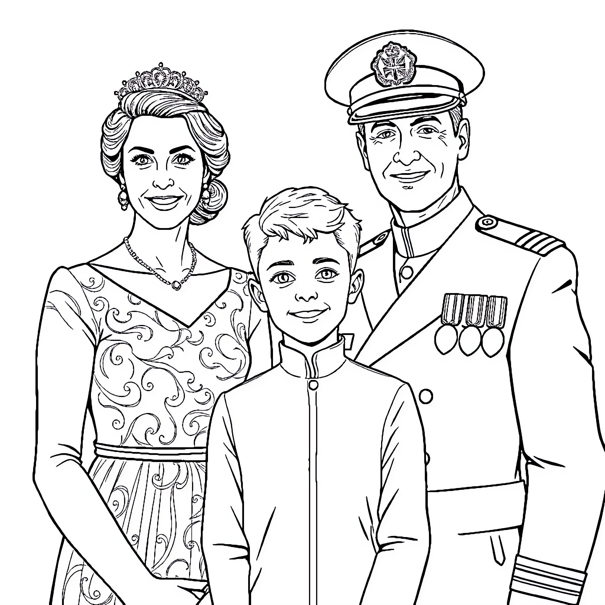 Princess and Family in Formal Attire Coloring Page (free black-and-white line drawing printable PDF for all, from beginners to advanced learners, including children, teens, adults, and seniors)