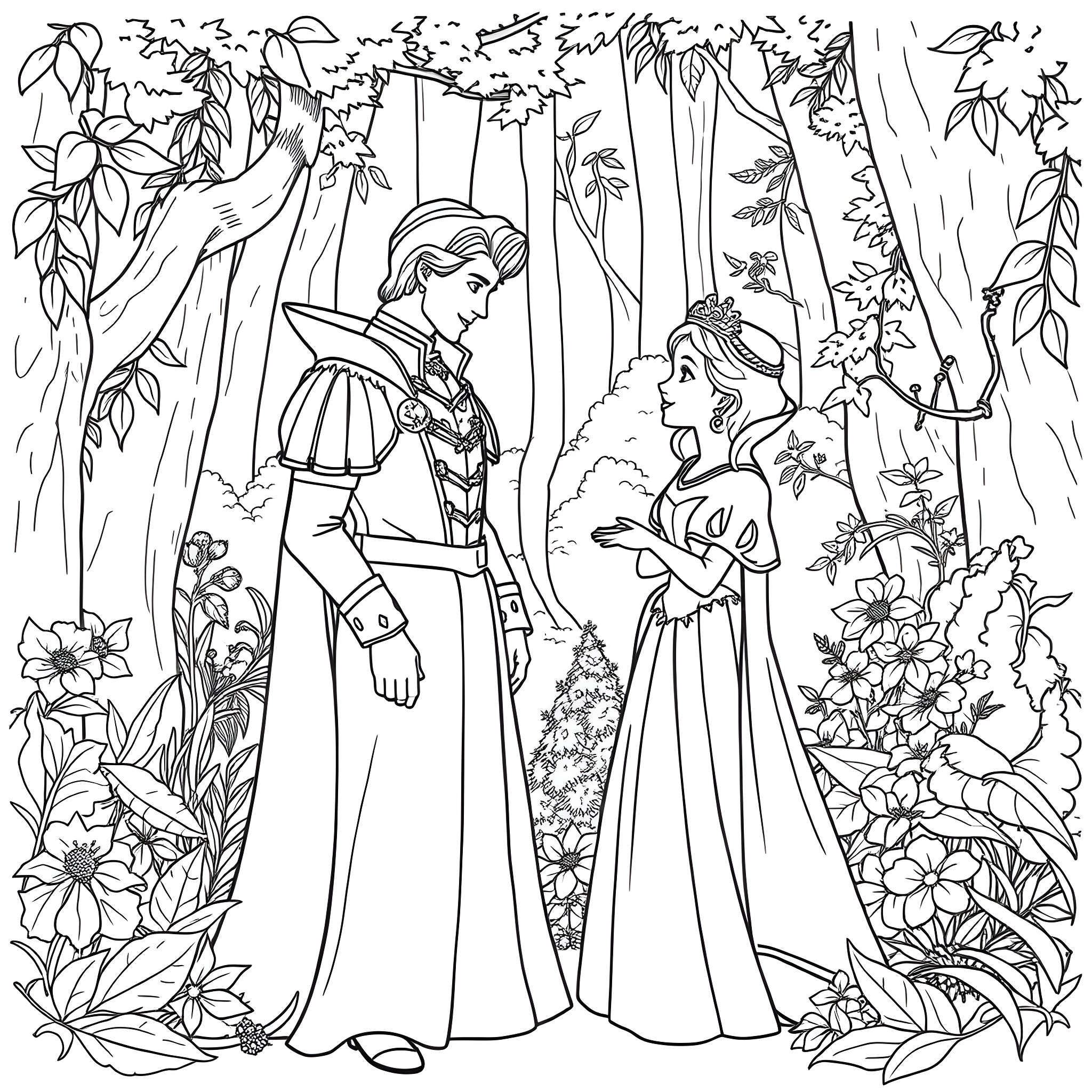 Prince and Princess in the Enchanted Forest Coloring Page (free black-and-white line drawing printable PDF for all, from beginners to advanced learners, including children, teens, adults, and seniors)