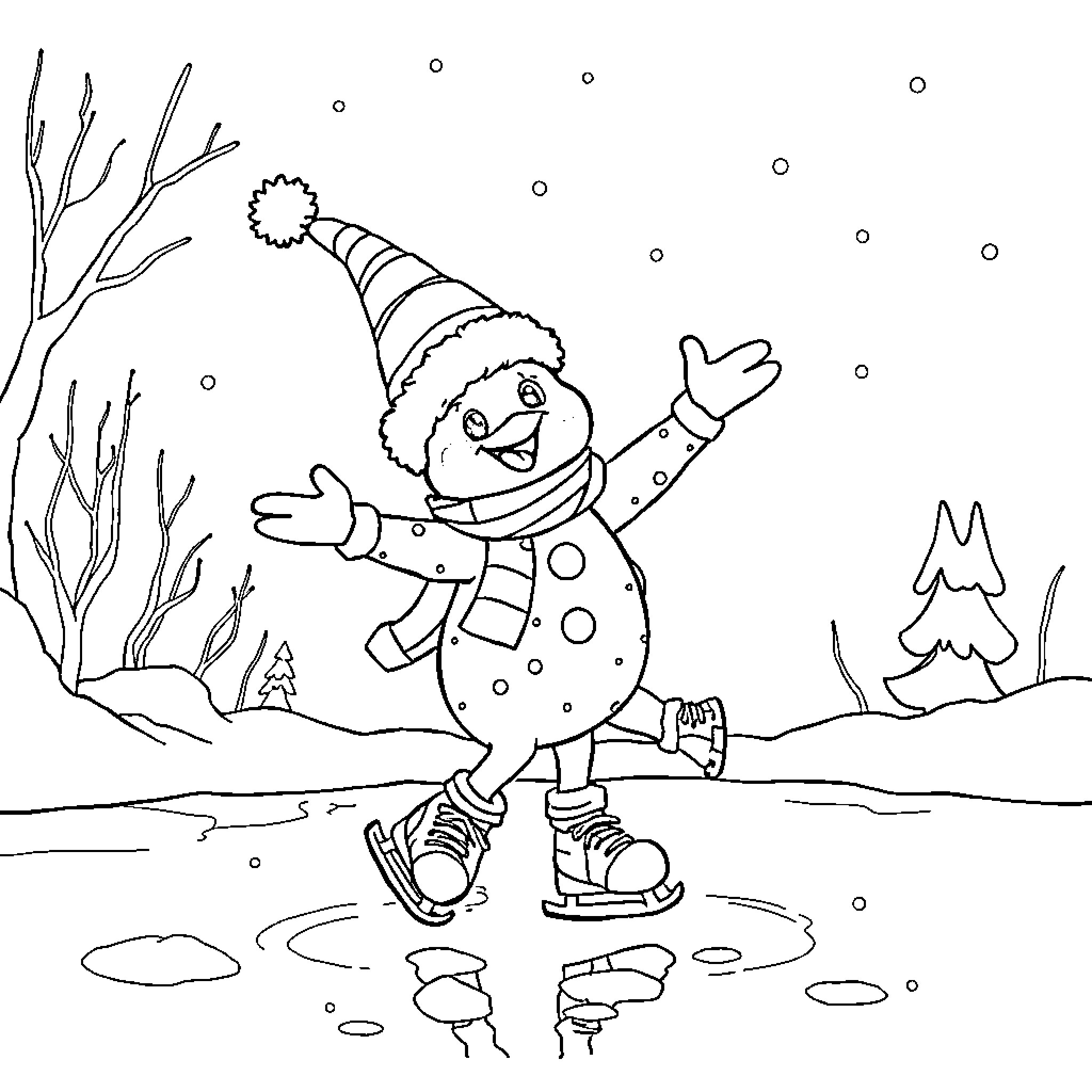 Lutin joyfully ice skating in a winter wonderland Coloring Page (free black-and-white line drawing printable PDF for all, from beginners to advanced learners, including children, teens, adults, and seniors)