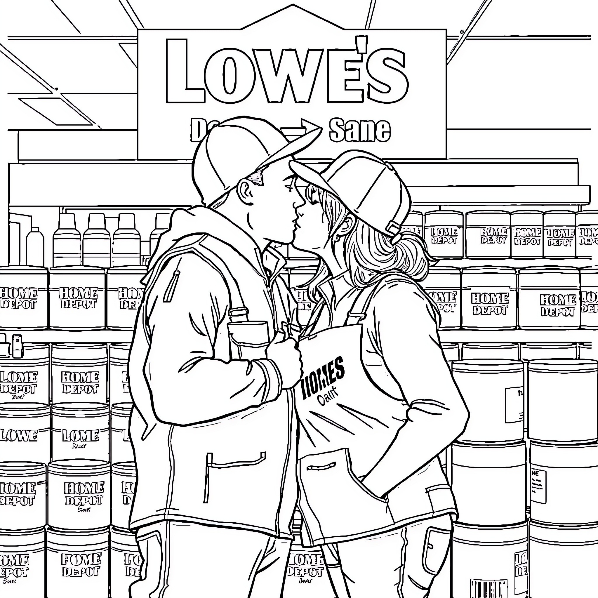 Worker couple in a home improvement store Coloring Page (free black-and-white line drawing printable PDF for all, from beginners to advanced learners, including children, teens, adults, and seniors)