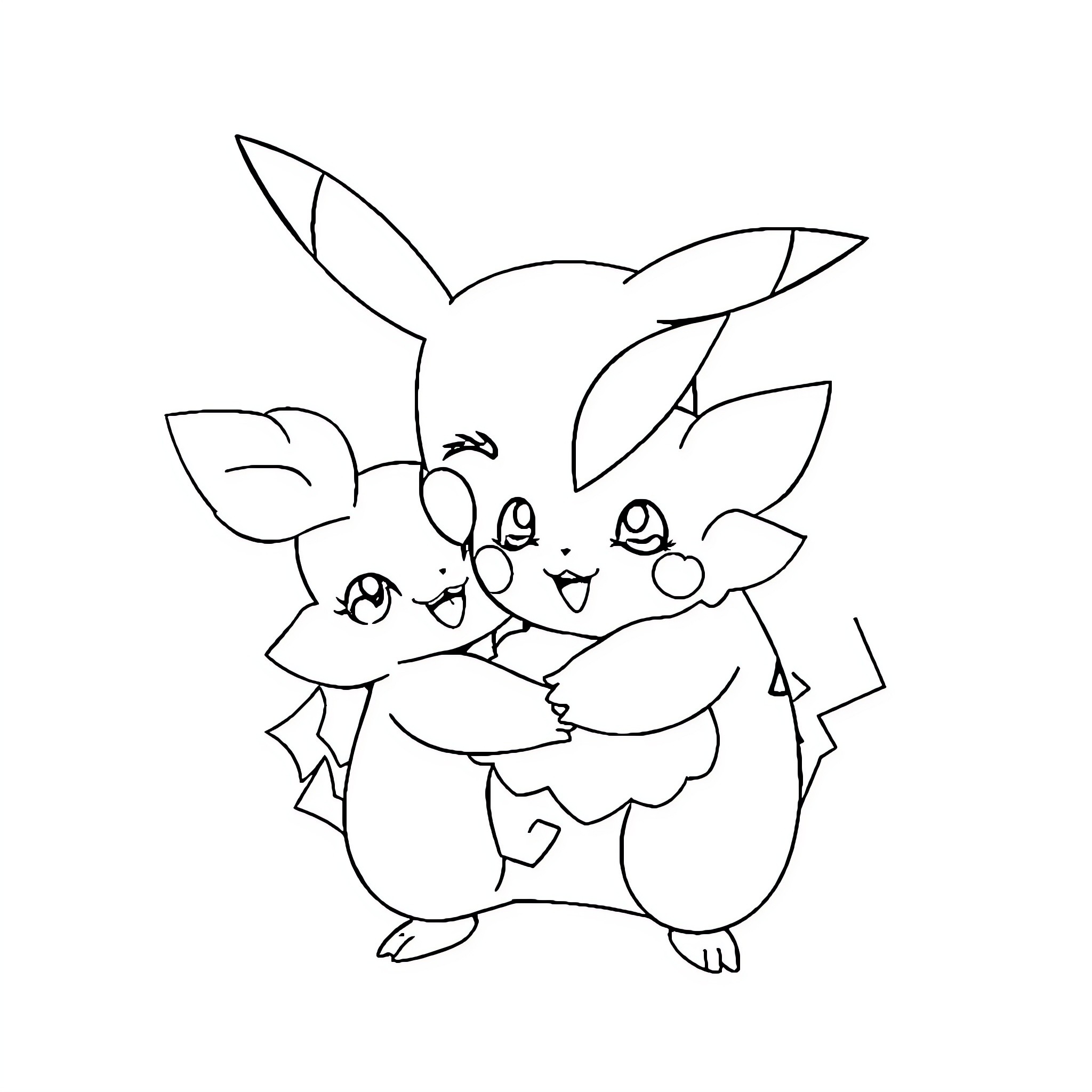 Pikachu sharing a hug with friends Coloring Page (free black-and-white line drawing printable PDF for all, from beginners to advanced learners, including children, teens, adults, and seniors)