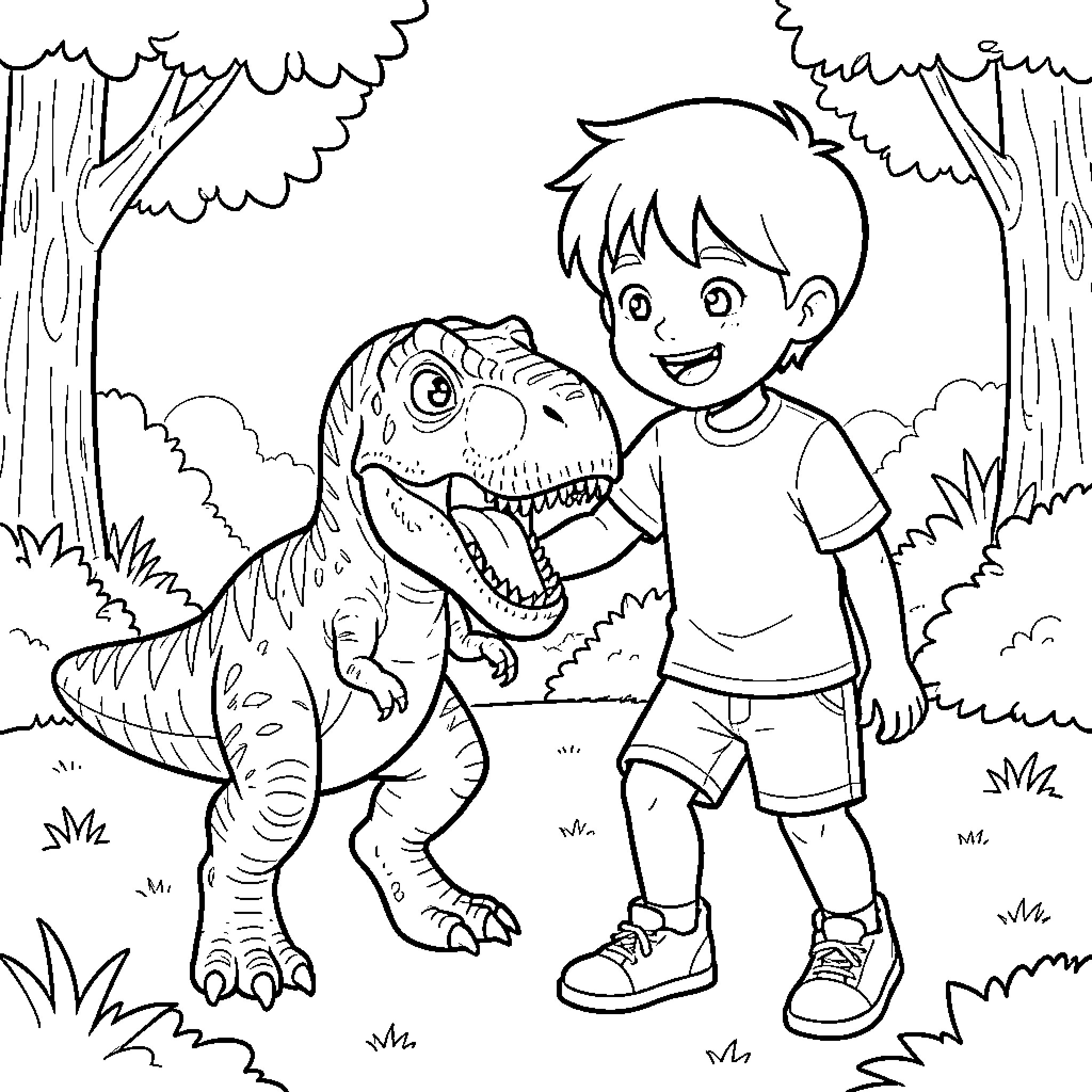 T-Rex meets boy in the forest Coloring Page (free black-and-white line drawing printable PDF for all, from beginners to advanced learners, including children, teens, adults, and seniors)
