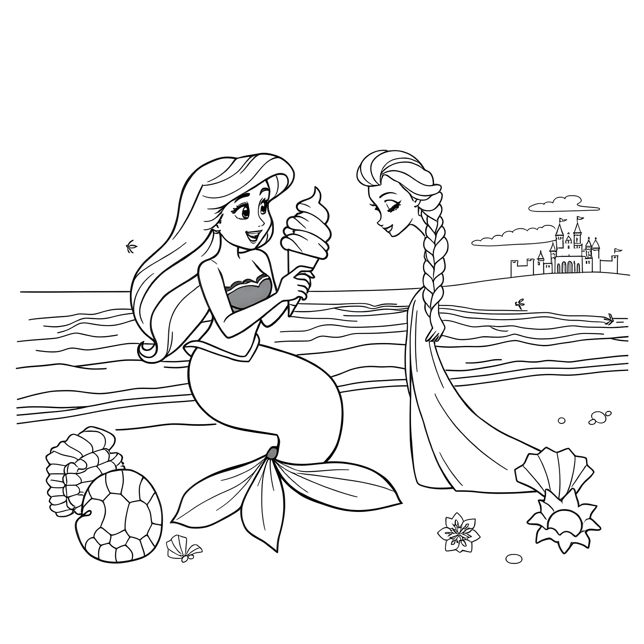 Mermaid sisters enjoying ice cream by the sea Coloring Page (free black-and-white line drawing printable PDF for all, from beginners to advanced learners, including children, teens, adults, and seniors)