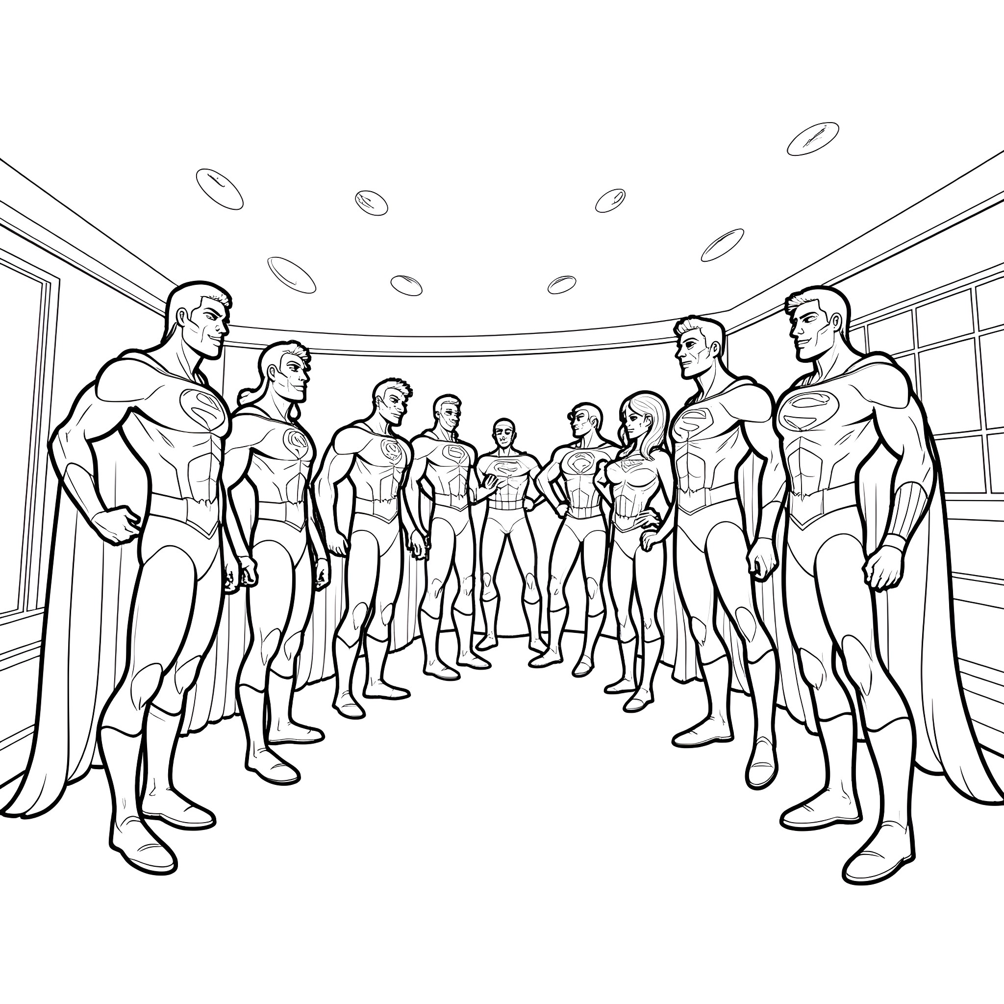 Justice League Superheroes Gathered in Heroic Formation Coloring Page (free black-and-white line drawing printable PDF for all, from beginners to advanced learners, including children, teens, adults, and seniors)