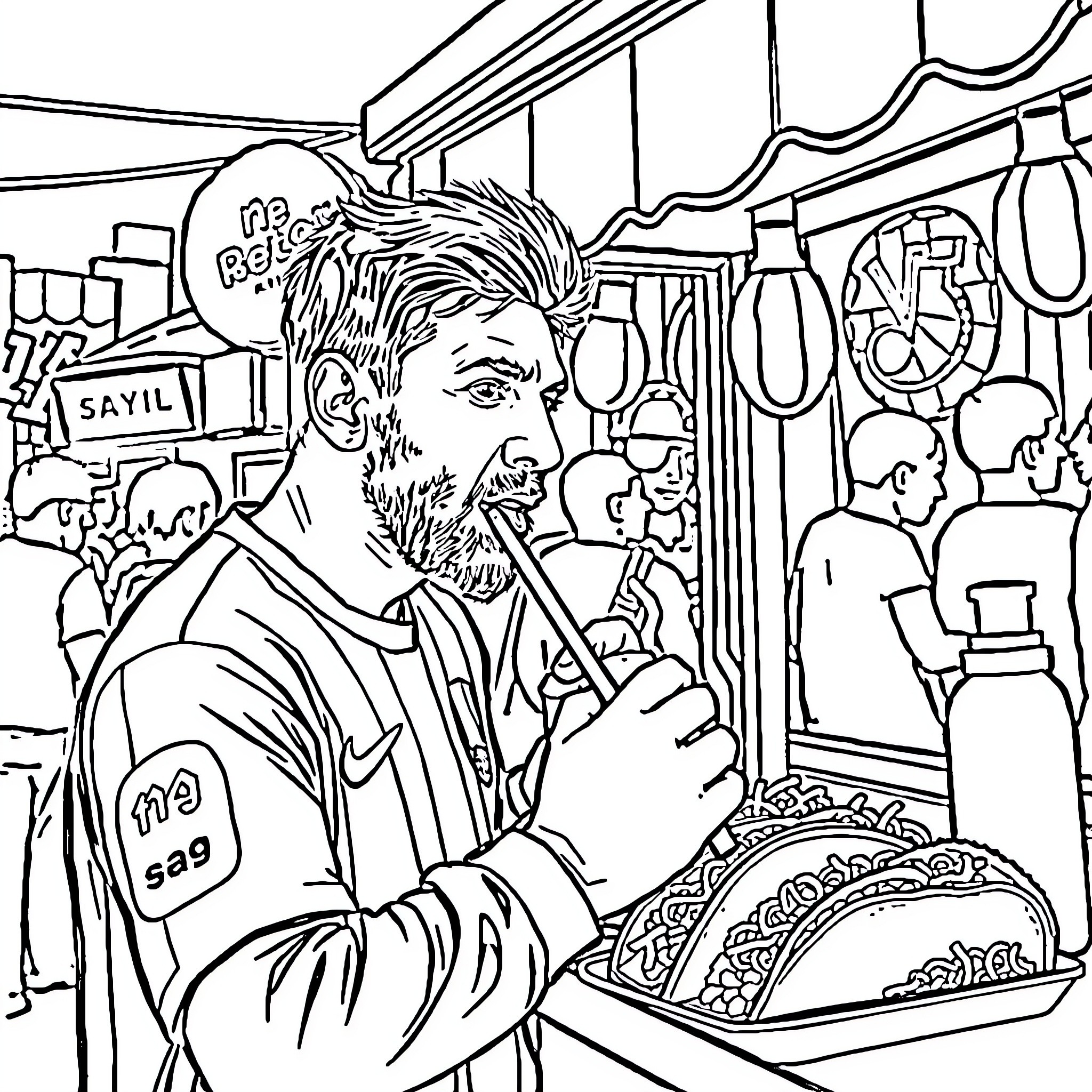 Lionel Messi enjoying street food in a lively market Coloring Page (free black-and-white line drawing printable PDF for all, from beginners to advanced learners, including children, teens, adults, and seniors)