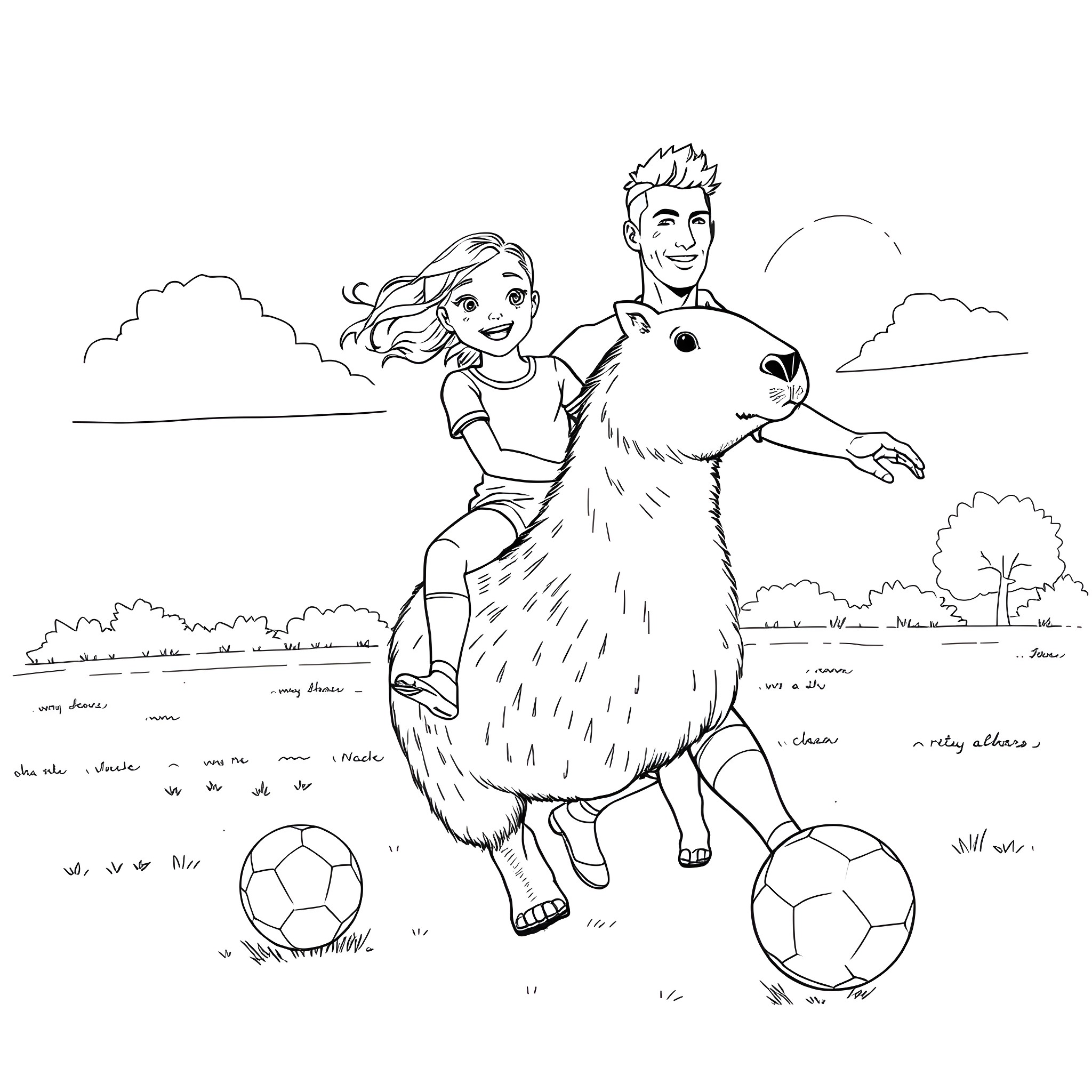 Girl and boy playing with dog in nature Coloring Page (free black-and-white line drawing printable PDF for all, from beginners to advanced learners, including children, teens, adults, and seniors)