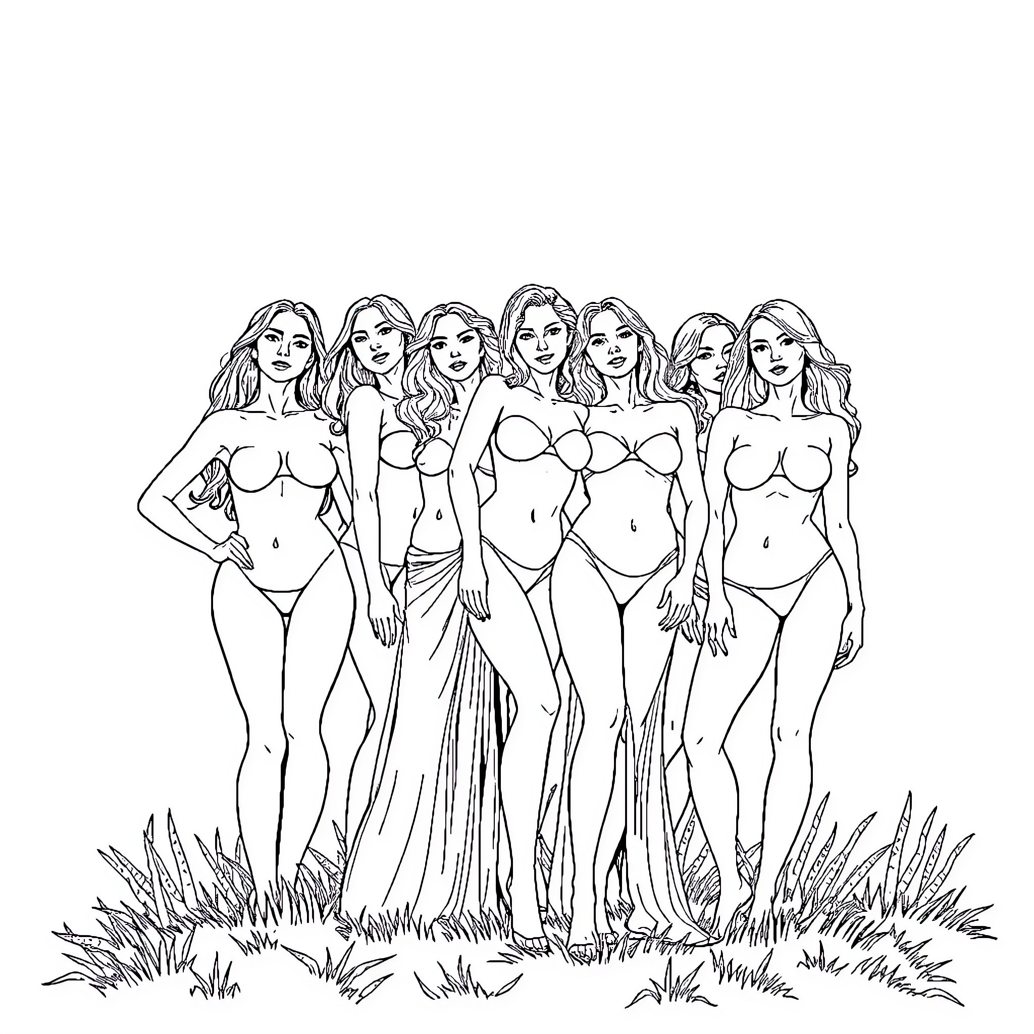 Women posing in elegant evening gowns Coloring Page (free black-and-white line drawing printable PDF for all, from beginners to advanced learners, including children, teens, adults, and seniors)