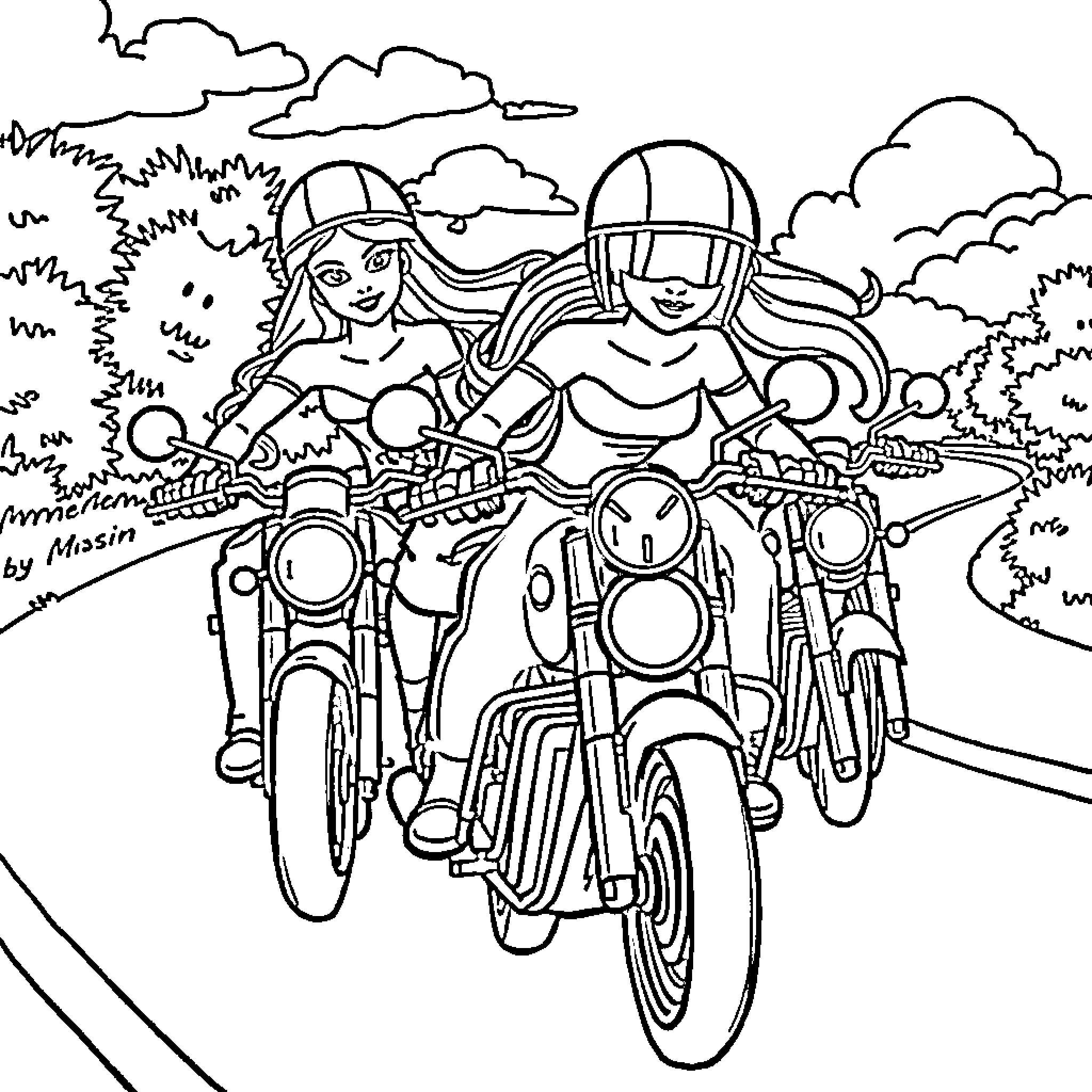 Disney Princess Riding Motorcycles on a Scenic Road Coloring Page (free black-and-white line drawing printable PDF for all, from beginners to advanced learners, including children, teens, adults, and seniors)