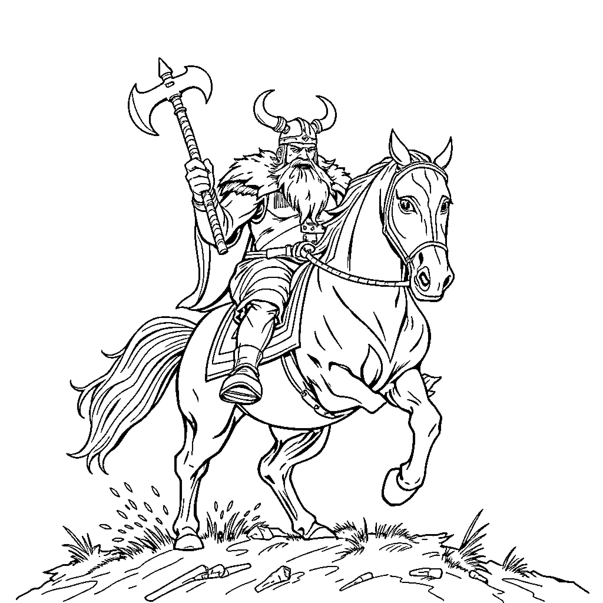 Viking Warrior Riding Fiercely on Horseback Coloring Page (free black-and-white line drawing printable PDF for all, from beginners to advanced learners, including children, teens, adults, and seniors)