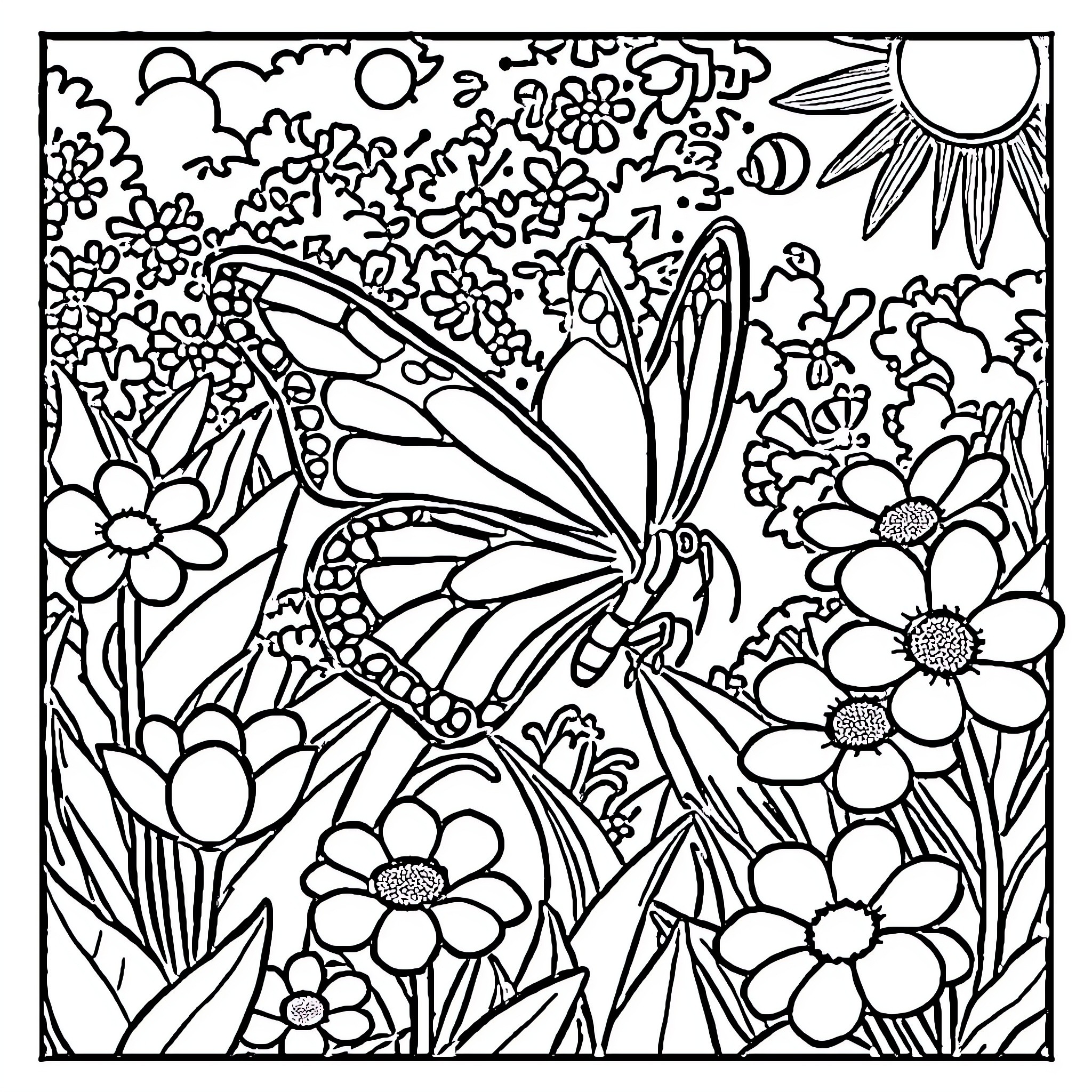 Butterfly soaring amidst vibrant floral scene Coloring Page (free black-and-white line drawing printable PDF for all, from beginners to advanced learners, including children, teens, adults, and seniors)