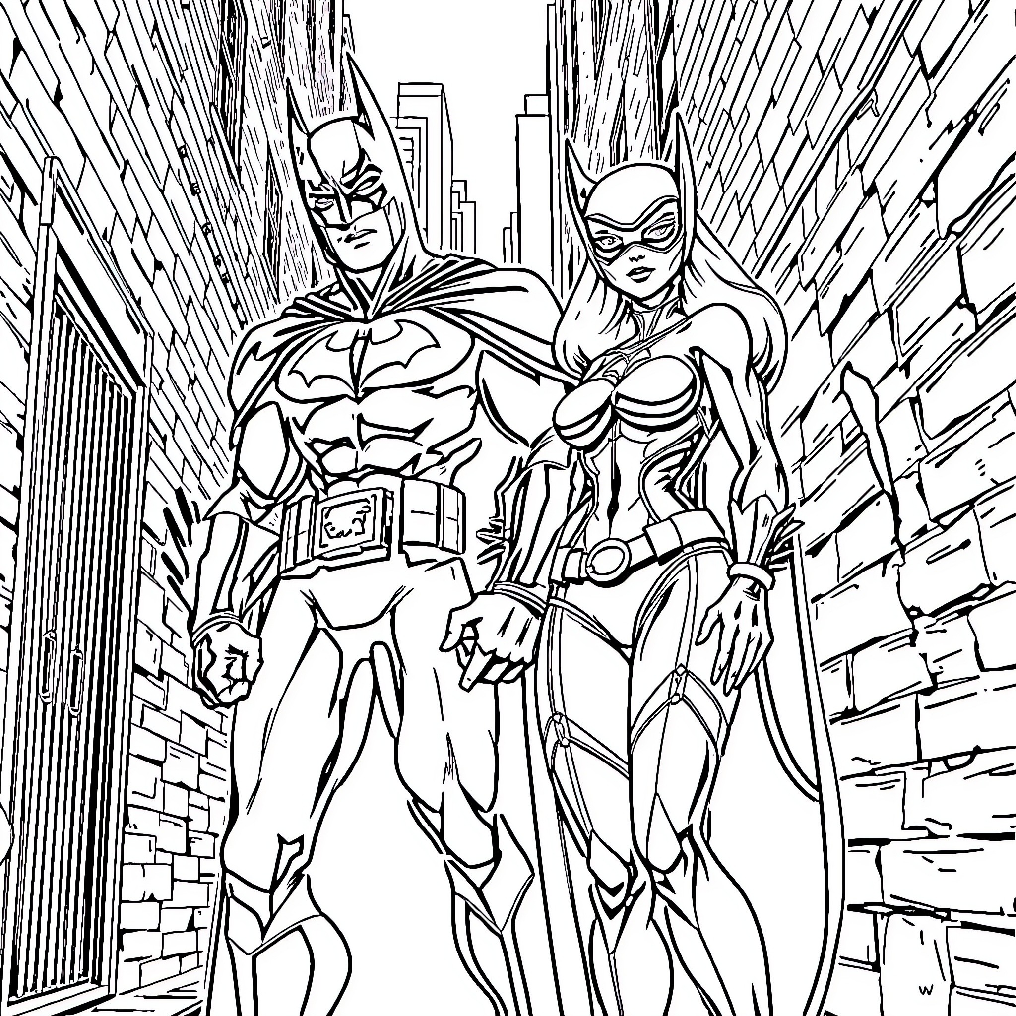 Bat heroes in city alley Coloring Page (free black-and-white line drawing printable PDF for all, from beginners to advanced learners, including children, teens, adults, and seniors)
