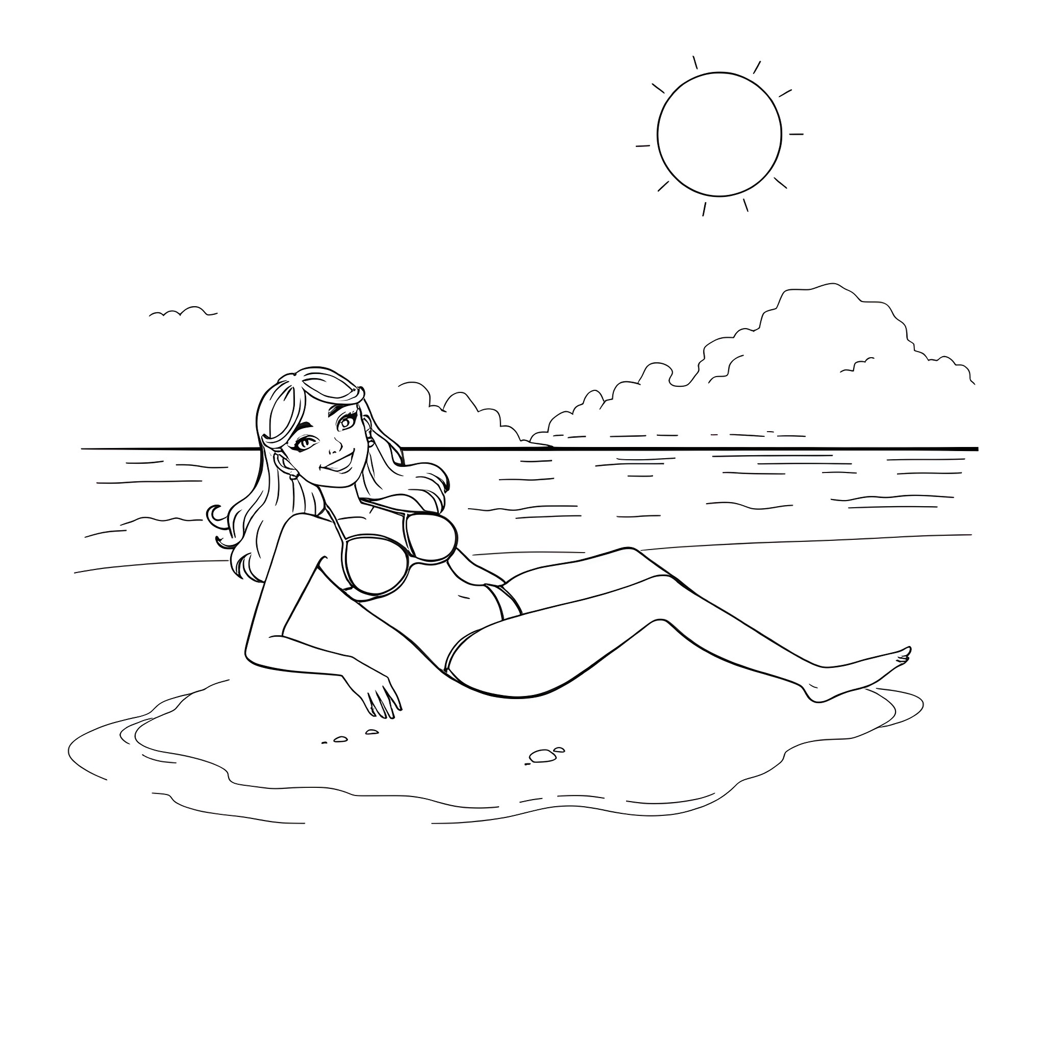 Bikini Girl relaxing on the beach Coloring Page (free black-and-white line drawing printable PDF for all, from beginners to advanced learners, including children, teens, adults, and seniors)