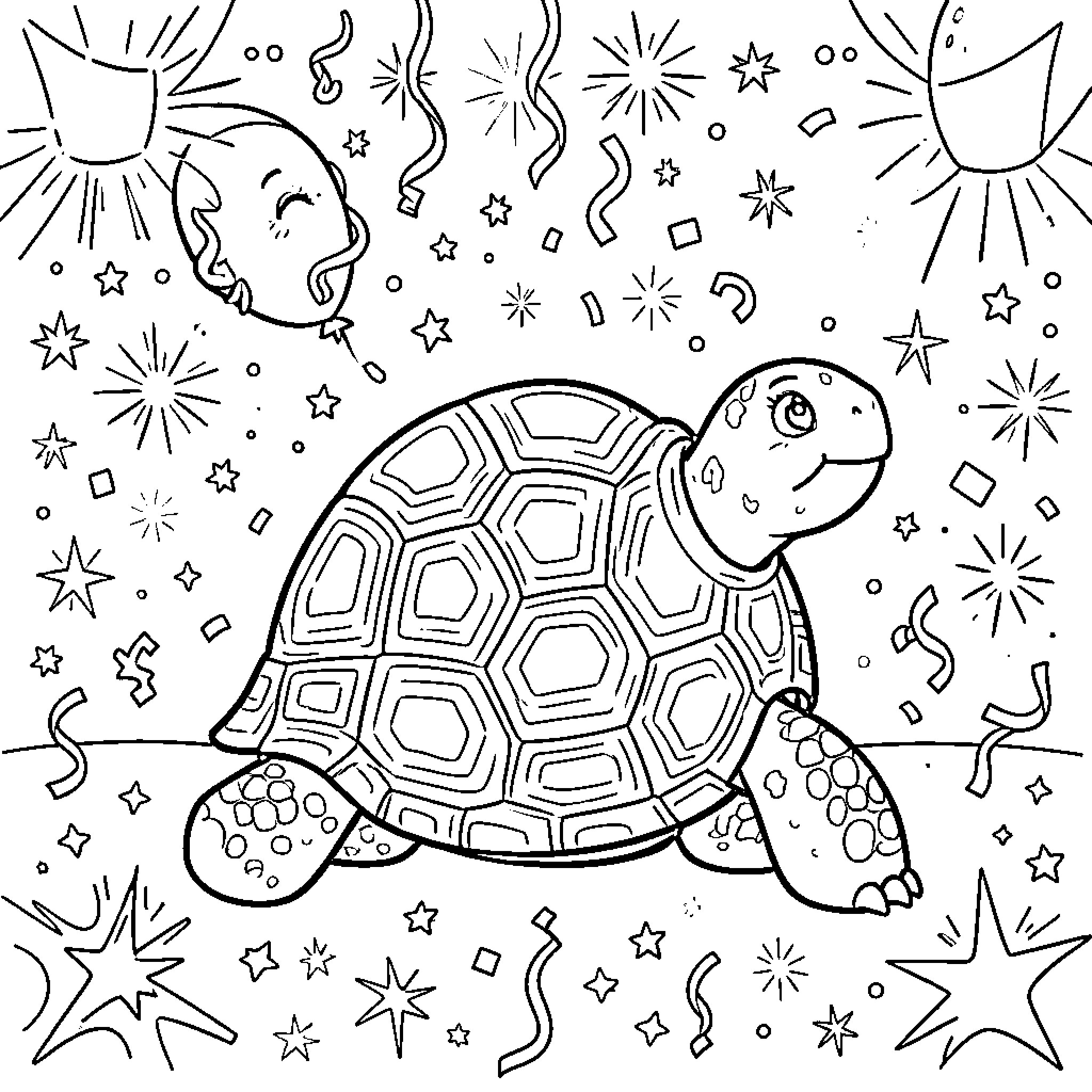 Turtle surrounded by sparkling stars and shapes Coloring Page (free black-and-white line drawing printable PDF for all, from beginners to advanced learners, including children, teens, adults, and seniors)