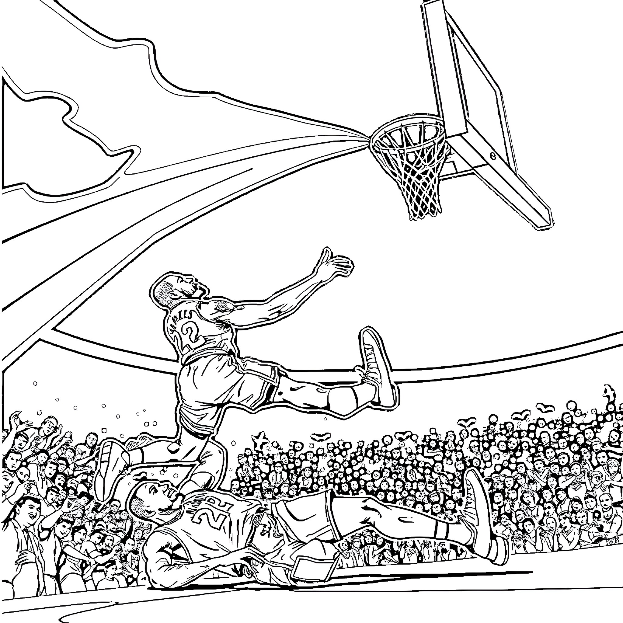 LeBron James making game-winning dunk in crowded stadium Coloring Page (free black-and-white line drawing printable PDF for all, from beginners to advanced learners, including children, teens, adults, and seniors)