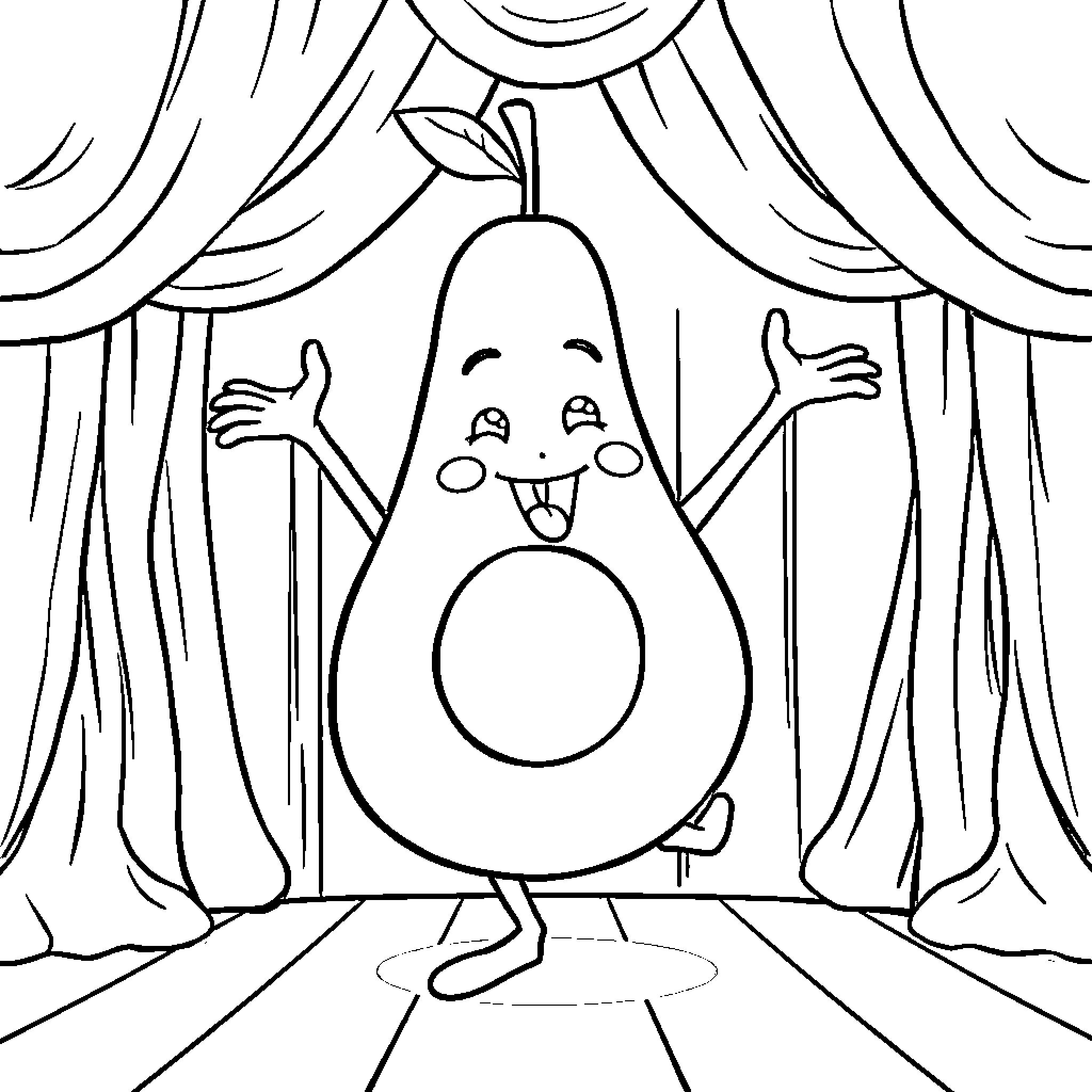 Avocado character performing on stage Coloring Page (free black-and-white line drawing printable PDF for all, from beginners to advanced learners, including children, teens, adults, and seniors)