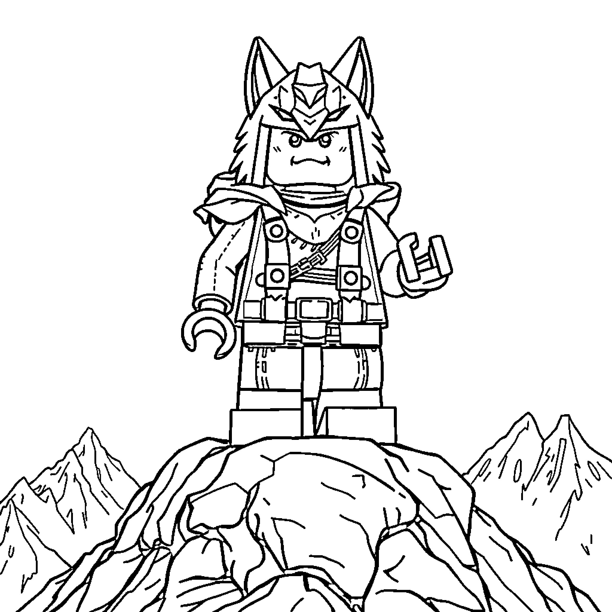 Lego Castle Warrior Standing Tall on Rocky Terrain Coloring Page (free black-and-white line drawing printable PDF for all, from beginners to advanced learners, including children, teens, adults, and seniors)