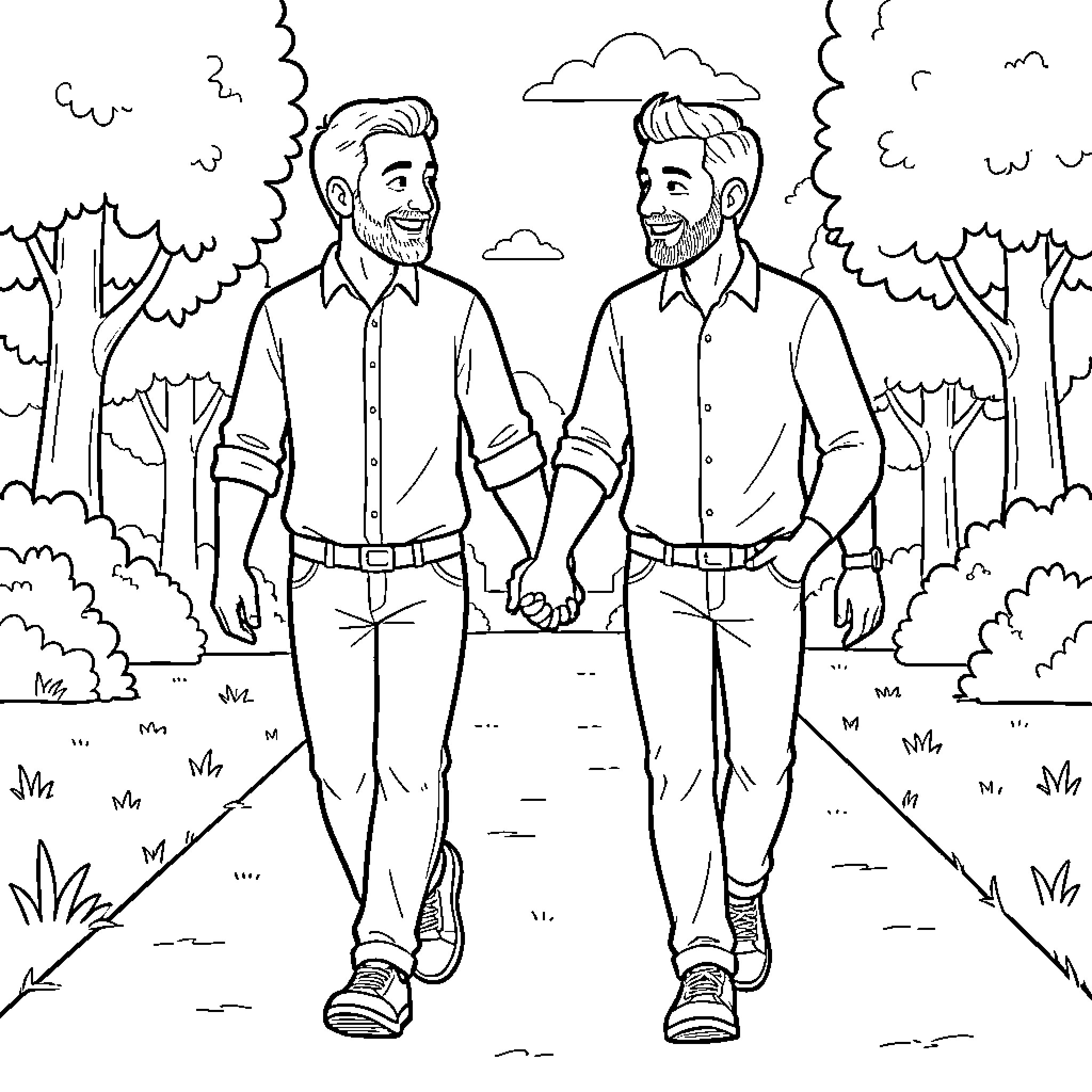 Hombre enjoying nature with companion Coloring Page (free black-and-white line drawing printable PDF for all, from beginners to advanced learners, including children, teens, adults, and seniors)