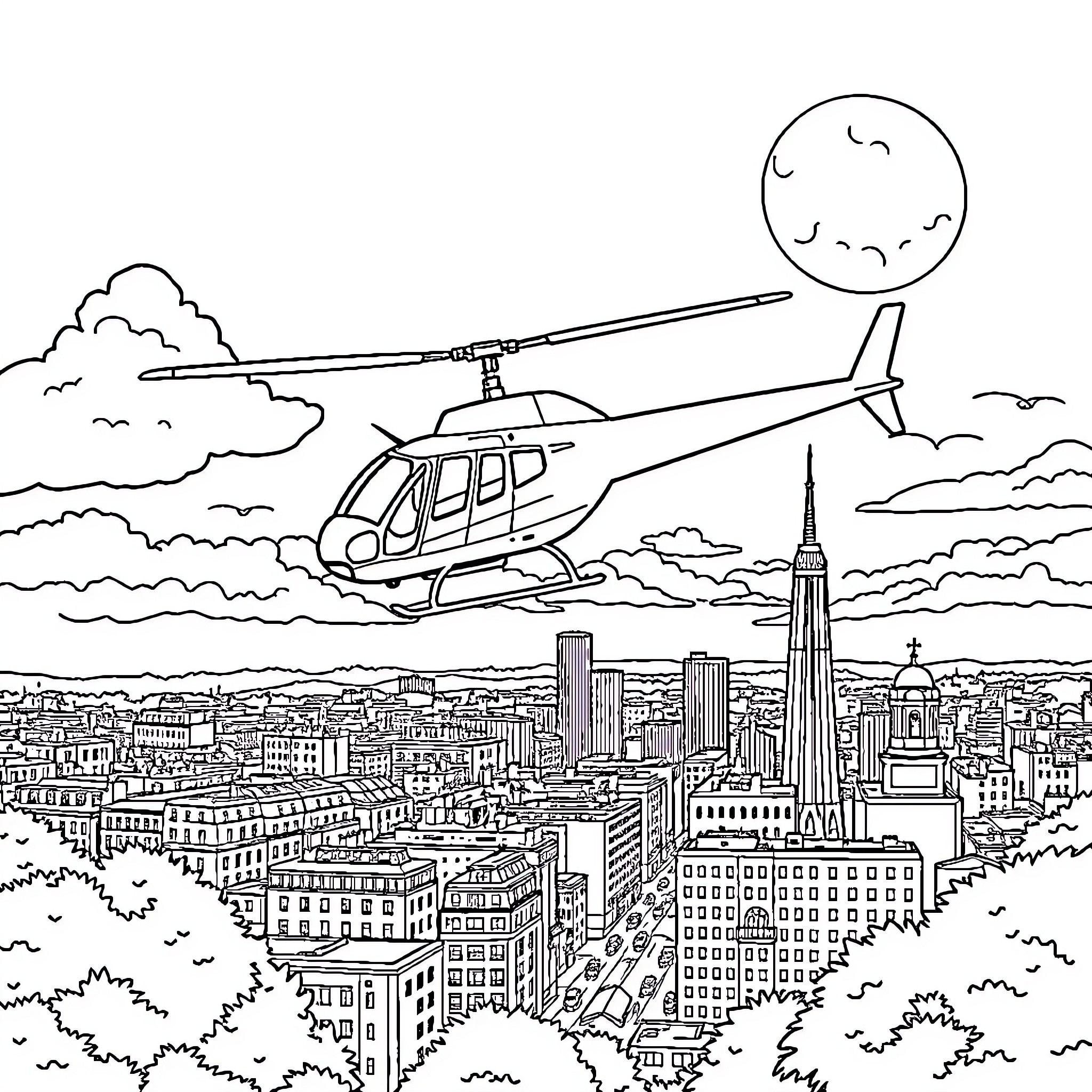 Helicopter soaring over the city skyline Coloring Page (free black-and-white line drawing printable PDF for all, from beginners to advanced learners, including children, teens, adults, and seniors)