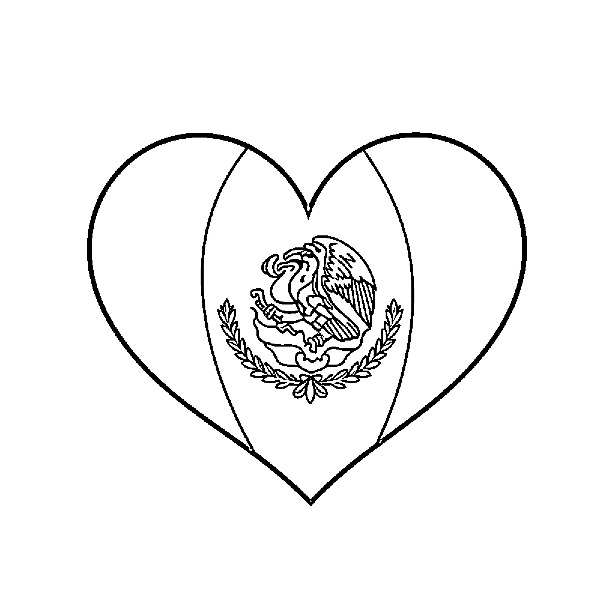 Mexico Flag Heart-Shaped Design Coloring Page (free black-and-white line drawing printable PDF for all, from beginners to advanced learners, including children, teens, adults, and seniors)