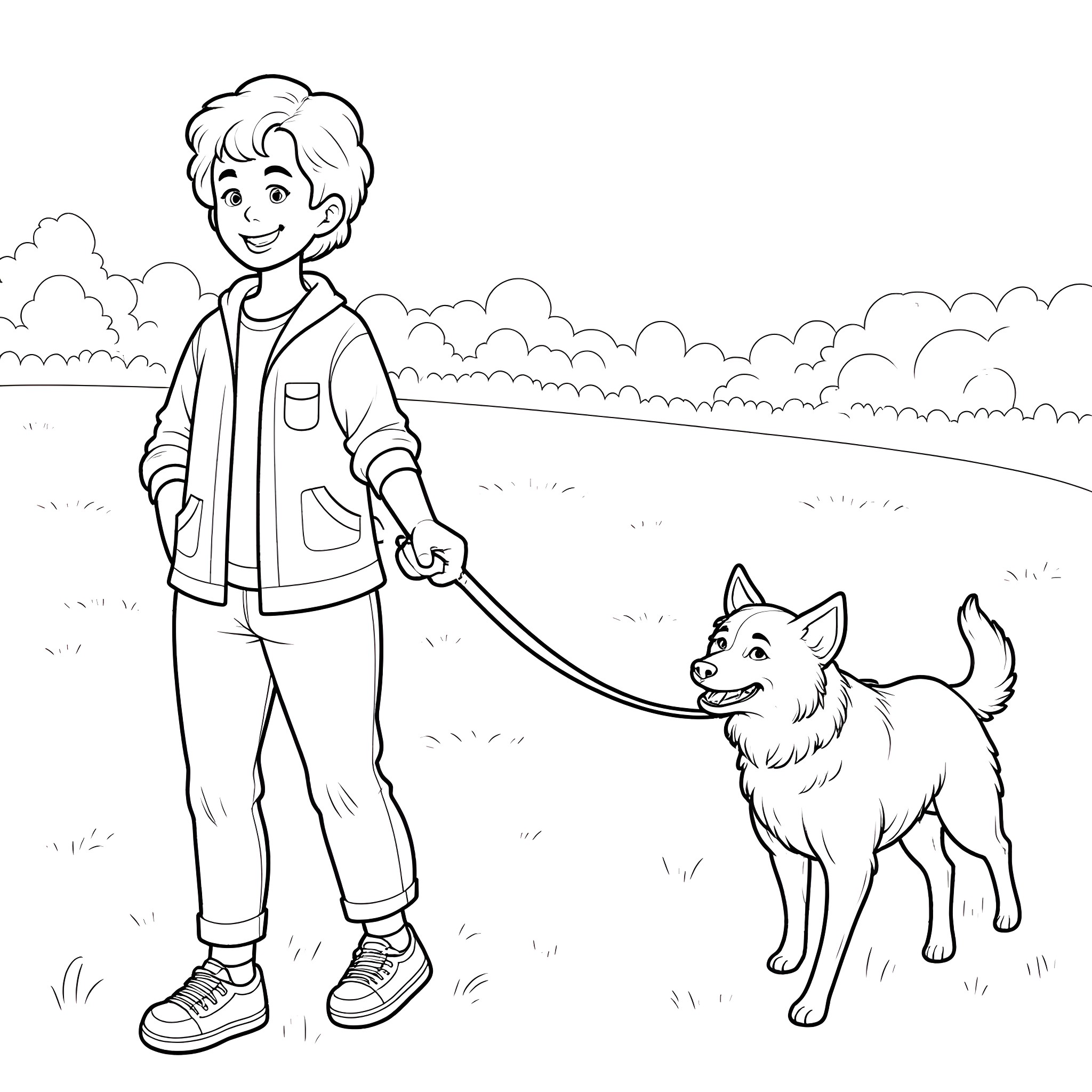 Dog walking happily with boy in the park Coloring Page (free black-and-white line drawing printable PDF for all, from beginners to advanced learners, including children, teens, adults, and seniors)