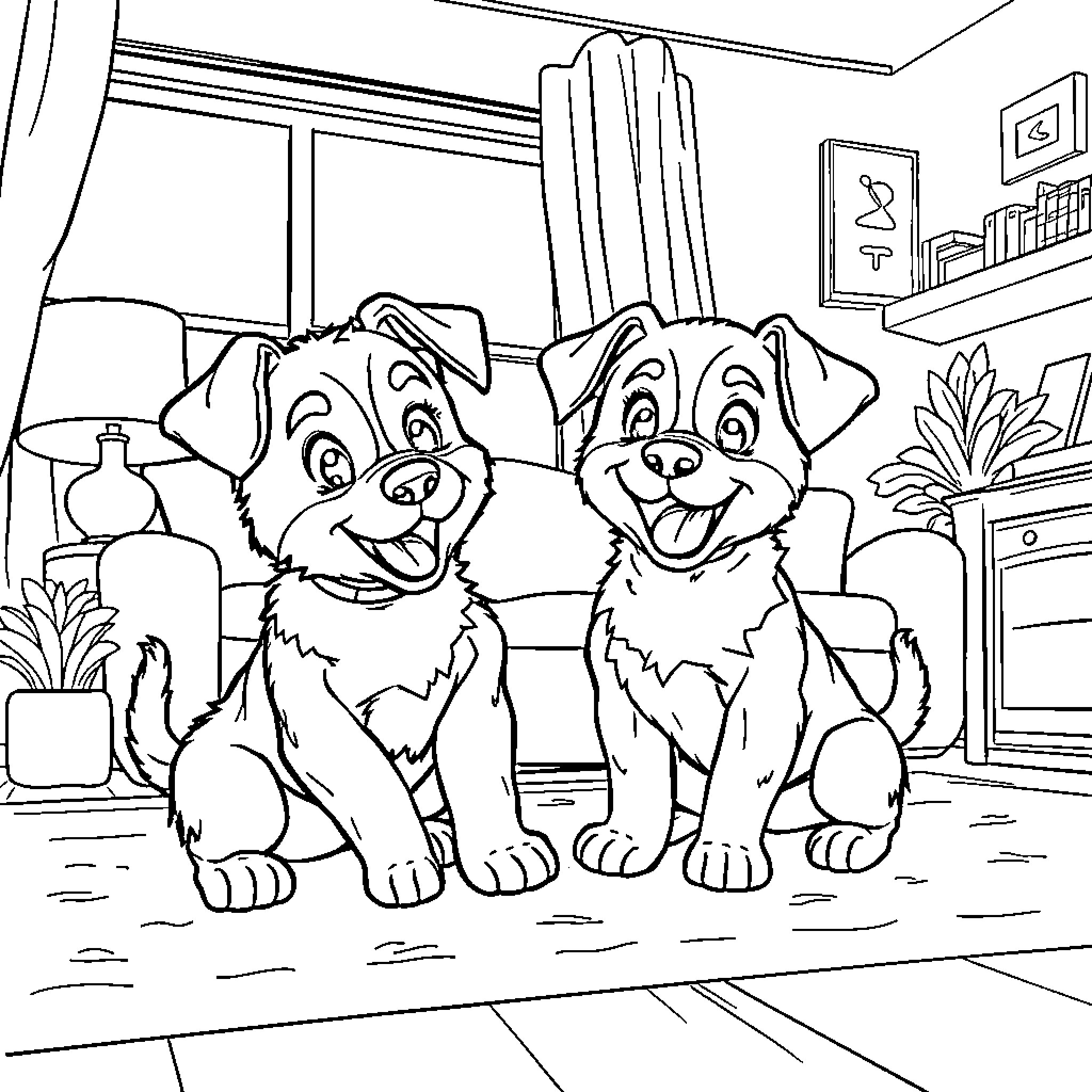 Bluey and friend explore cozy home setting Coloring Page (free black-and-white line drawing printable PDF for all, from beginners to advanced learners, including children, teens, adults, and seniors)