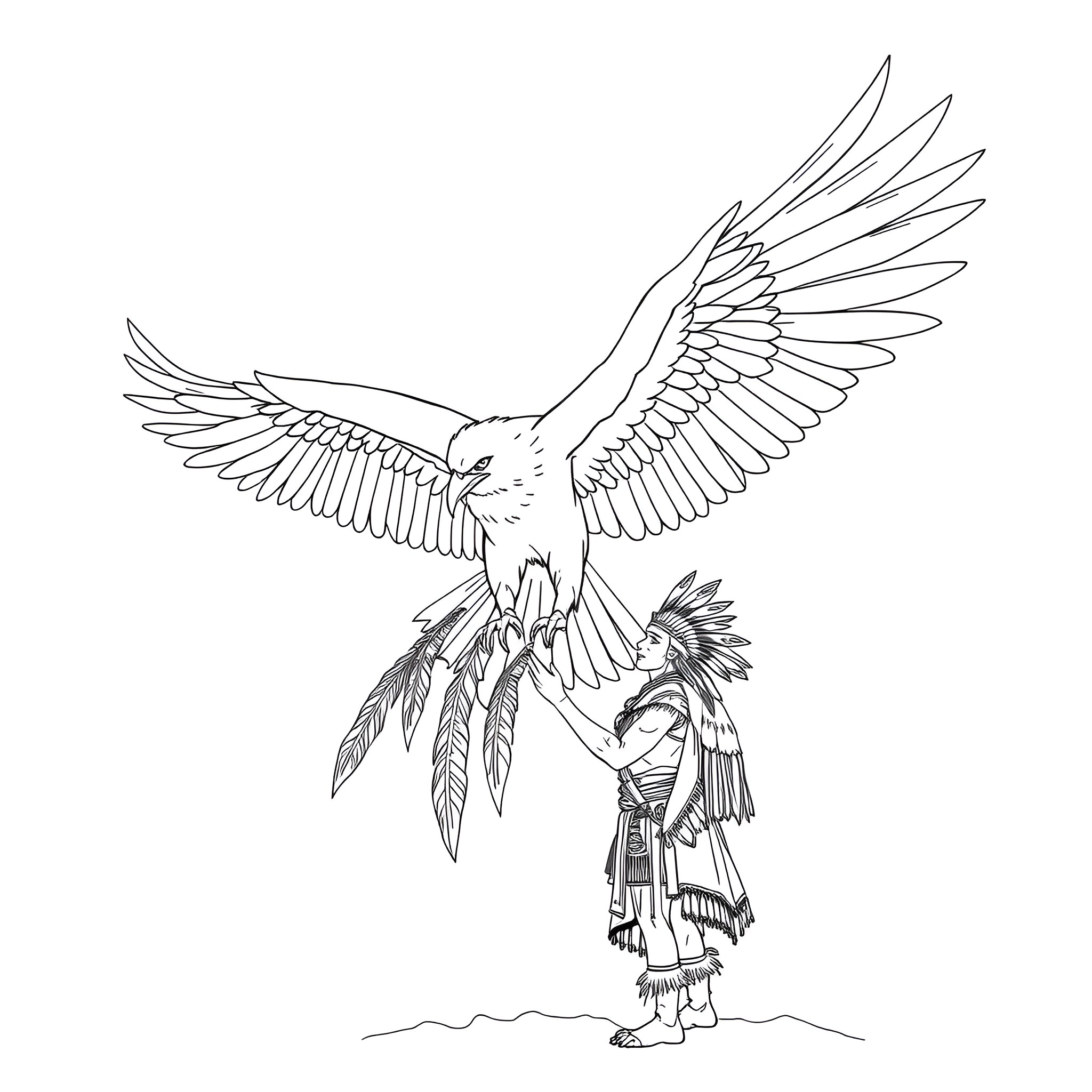 Thunderbird soaring above a Native American figure Coloring Page (free black-and-white line drawing printable PDF for all, from beginners to advanced learners, including children, teens, adults, and seniors)