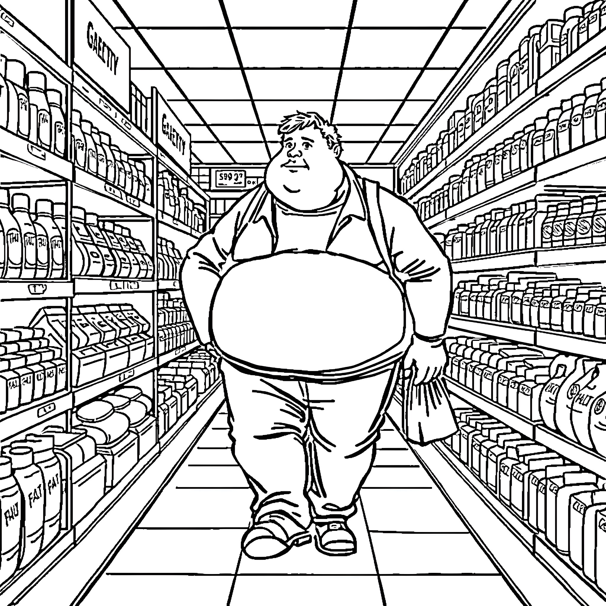 Man browsing grocery store shelves Coloring Page (free black-and-white line drawing printable PDF for all, from beginners to advanced learners, including children, teens, adults, and seniors)
