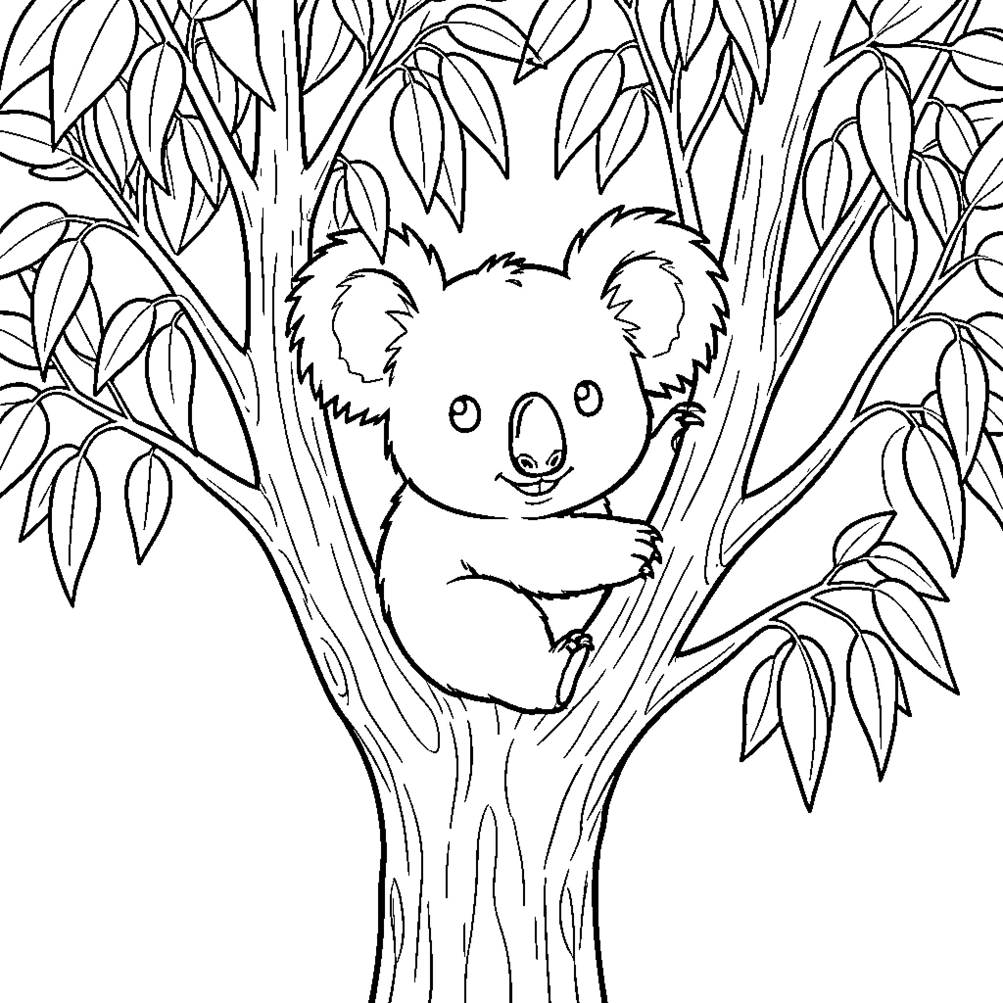 Koala resting in a tree Coloring Page (free black-and-white line drawing printable PDF for all, from beginners to advanced learners, including children, teens, adults, and seniors)
